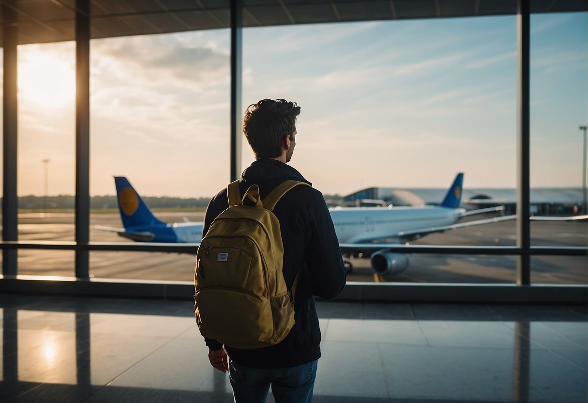 A person standing at an airport, looking out at the world with a sense of wonder and excitement after studying abroad