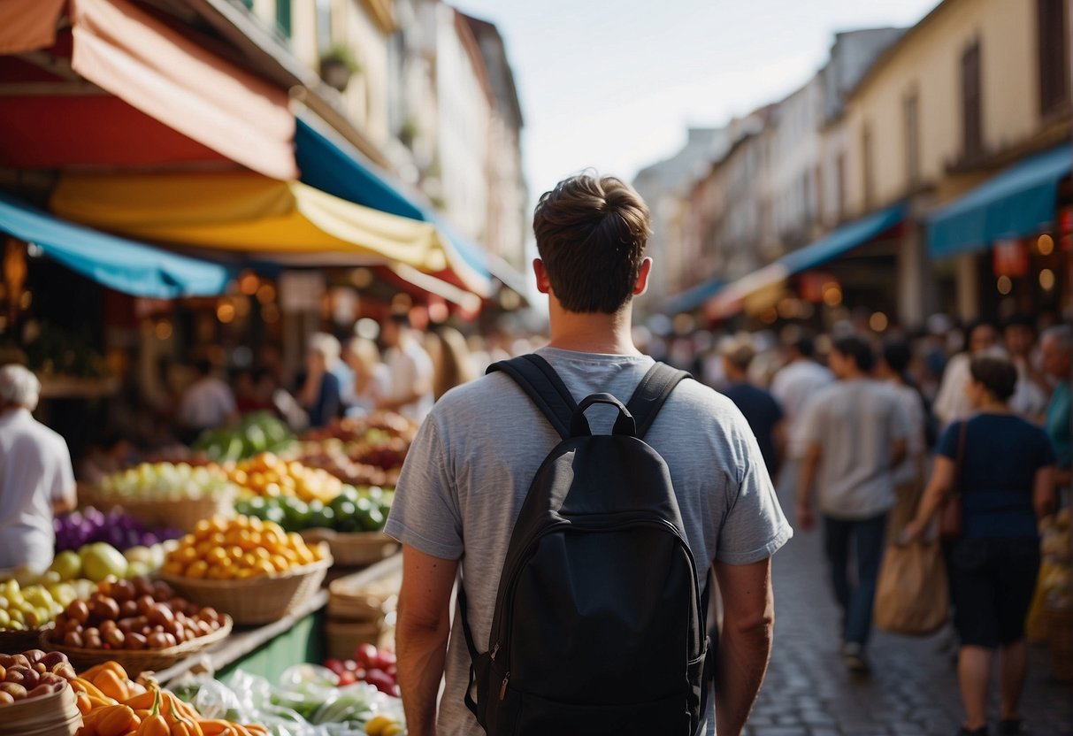 A person standing in front of a colorful, bustling marketplace, surrounded by diverse people and unfamiliar sights, taking in the new perspective gained from studying abroad