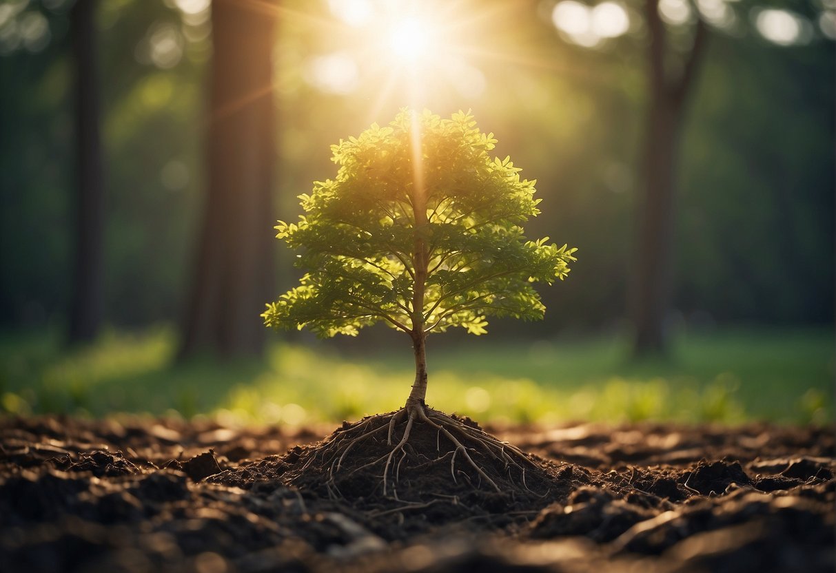 A young tree reaching towards the sun, its roots spreading deeper into the earth, symbolizing personal growth and development after studying abroad