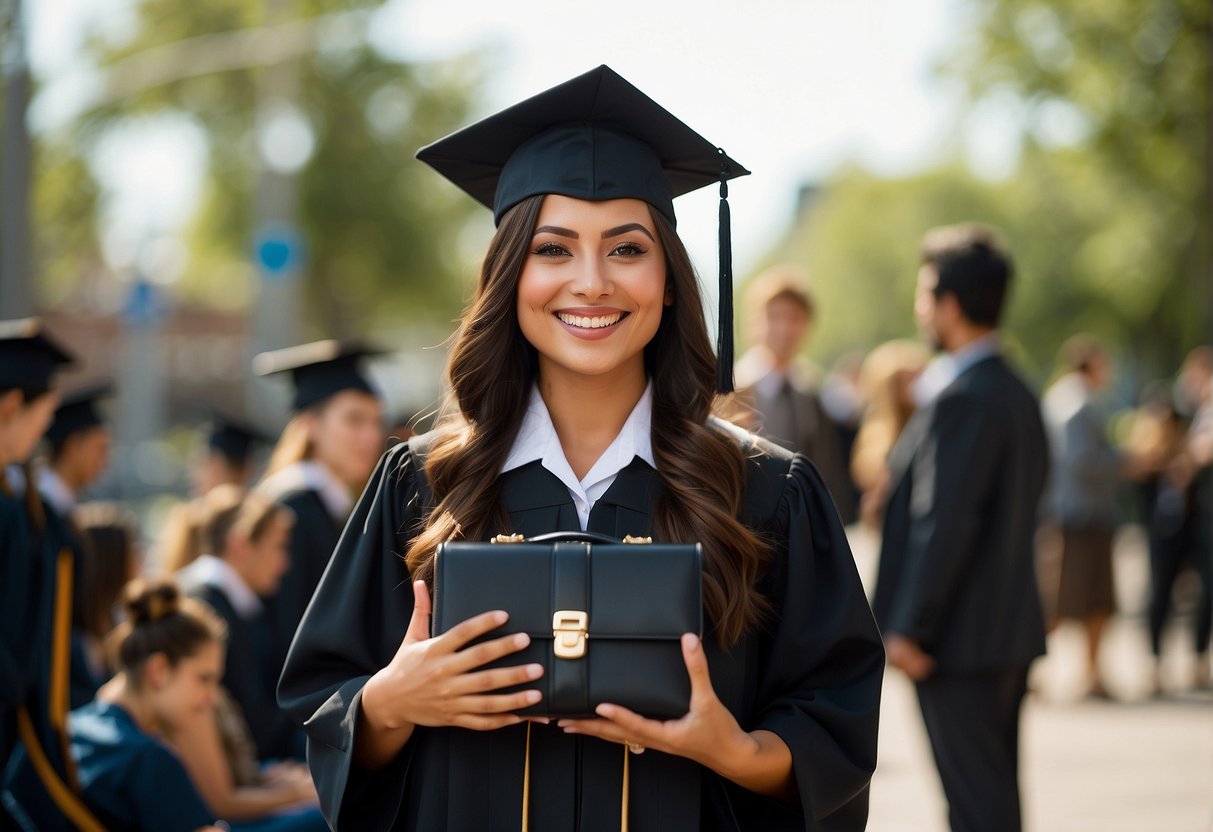 A graduate student receives a diploma and a suitcase, symbolizing their academic and personal growth after studying abroad