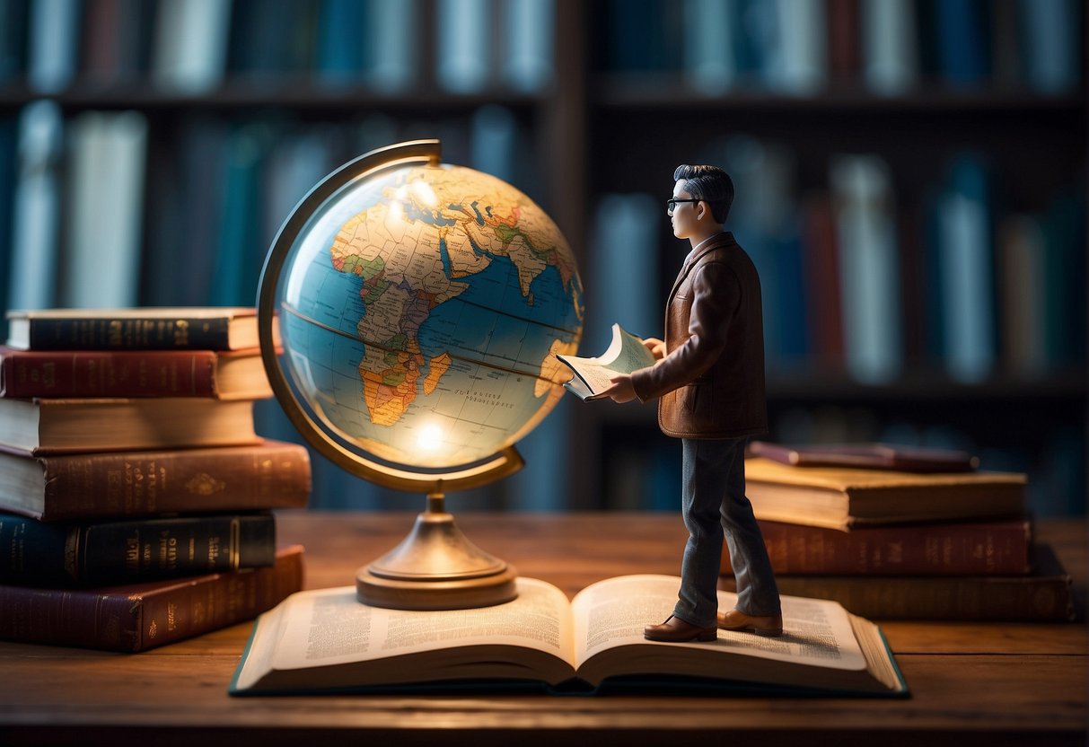 A person stands on a globe, surrounded by books and a passport. A light shines on them, symbolizing new perspectives gained from studying abroad