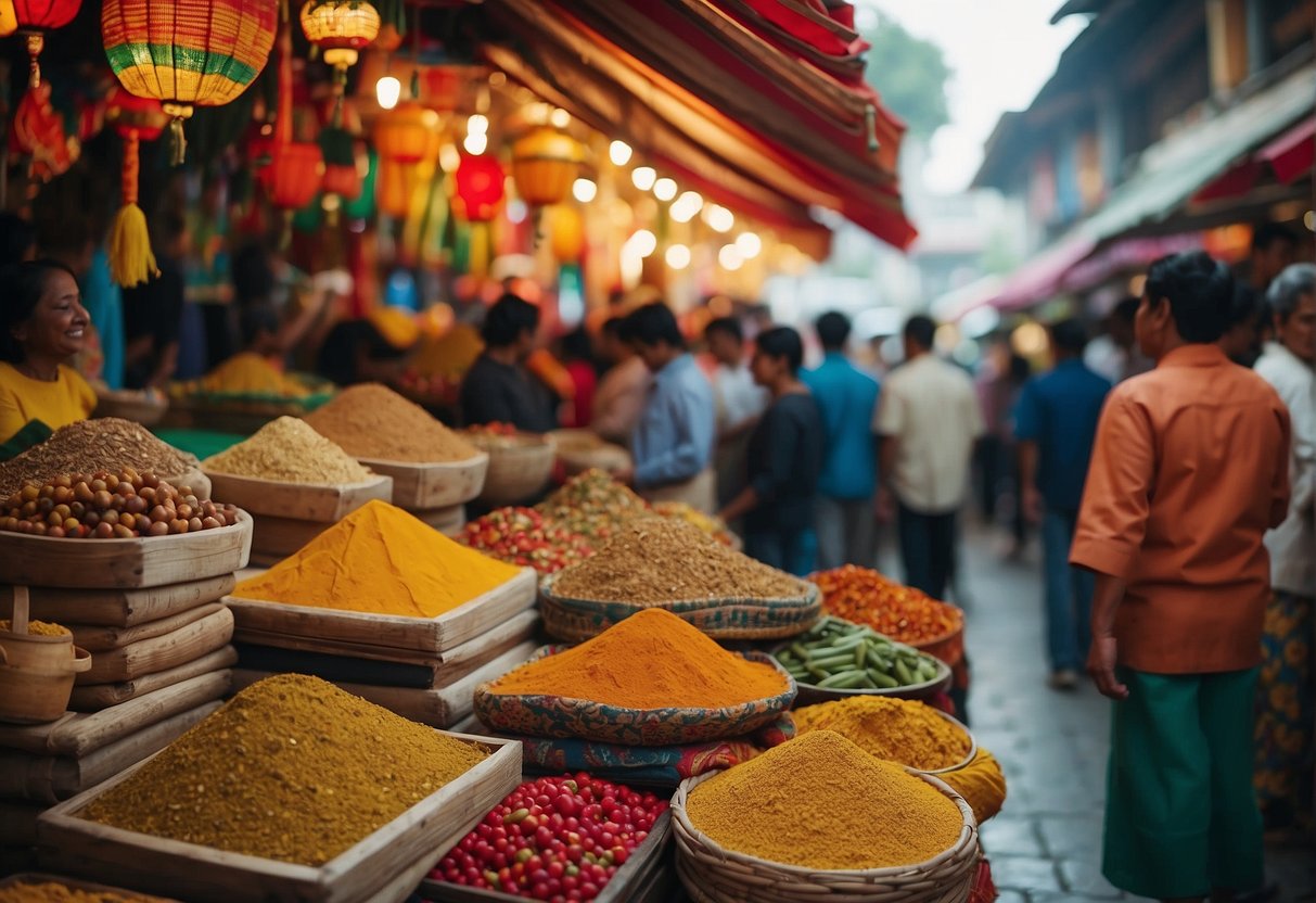 Vibrant market with colorful textiles, exotic spices, and traditional music. People of all ages engage in cultural activities and exchange goods