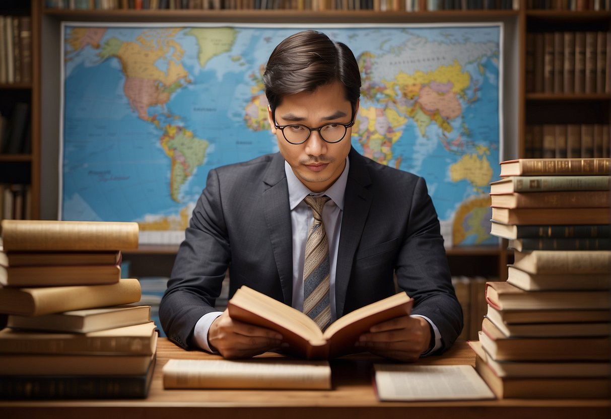 A person studying books and maps, surrounded by diverse cultural objects and symbols, absorbing new languages and customs