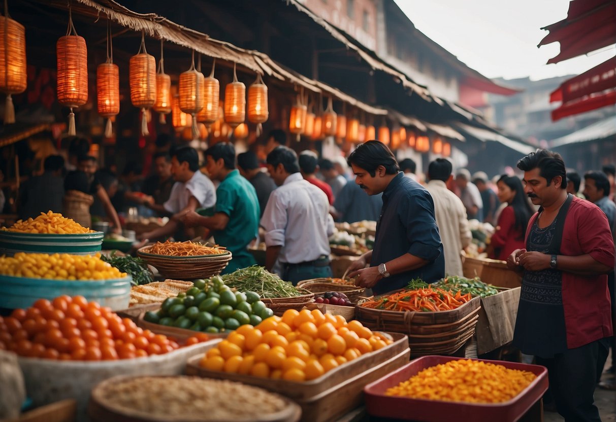 A bustling marketplace with colorful stalls, exotic food, and traditional music. People from different cultures interact, exchanging goods and sharing customs