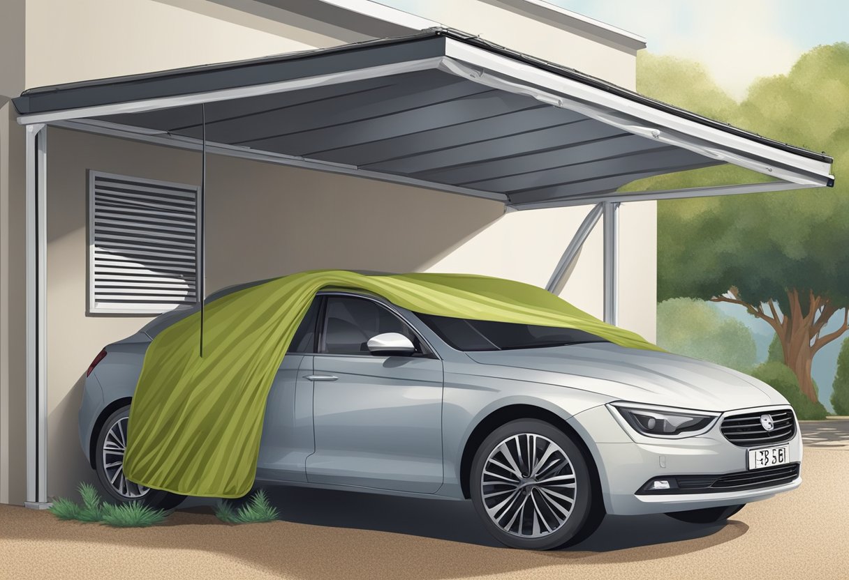 A car parked under a carport with a fitted car cover, shielded from dust, bird droppings, and other environmental contaminants