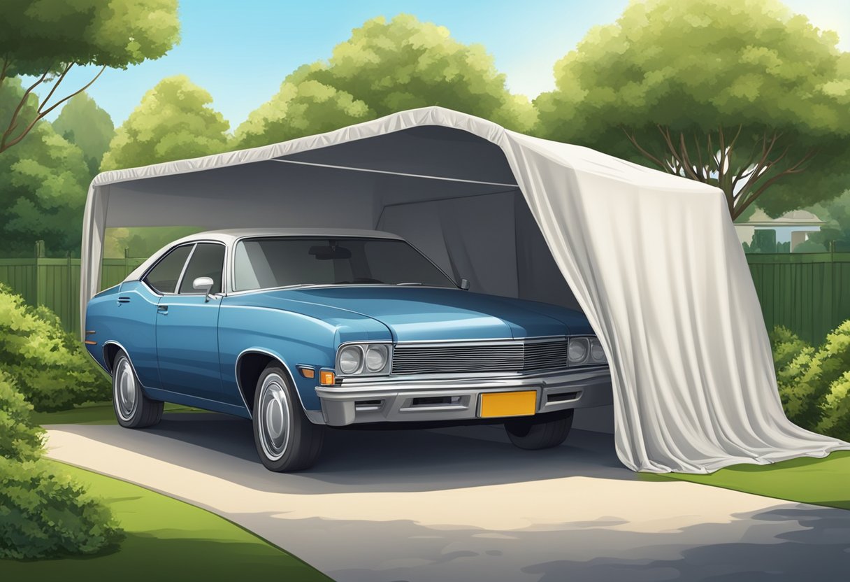 A car parked under a carport, covered with a car cover, surrounded by trees and bushes to protect it from environmental contaminants