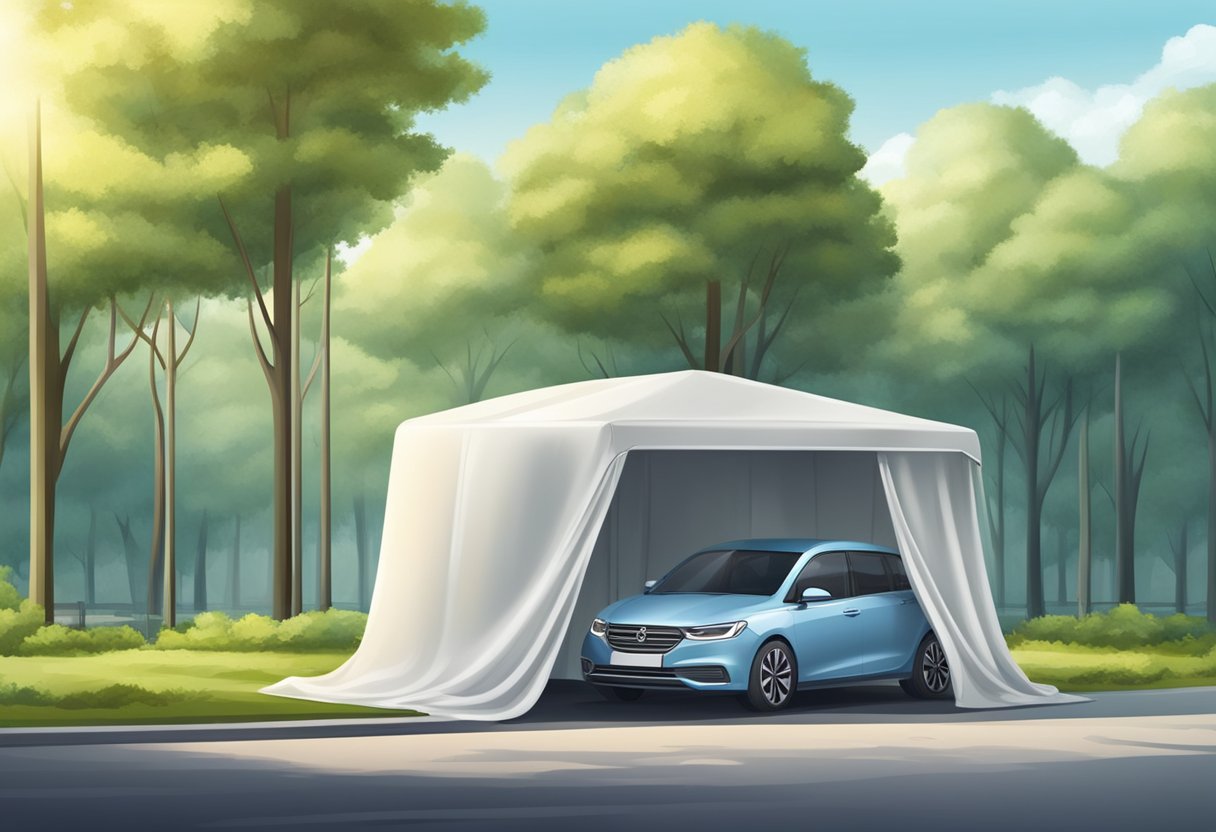 A car parked under a shelter, covered with a car cover, surrounded by trees and a clean environment, with no signs of pollution or contaminants