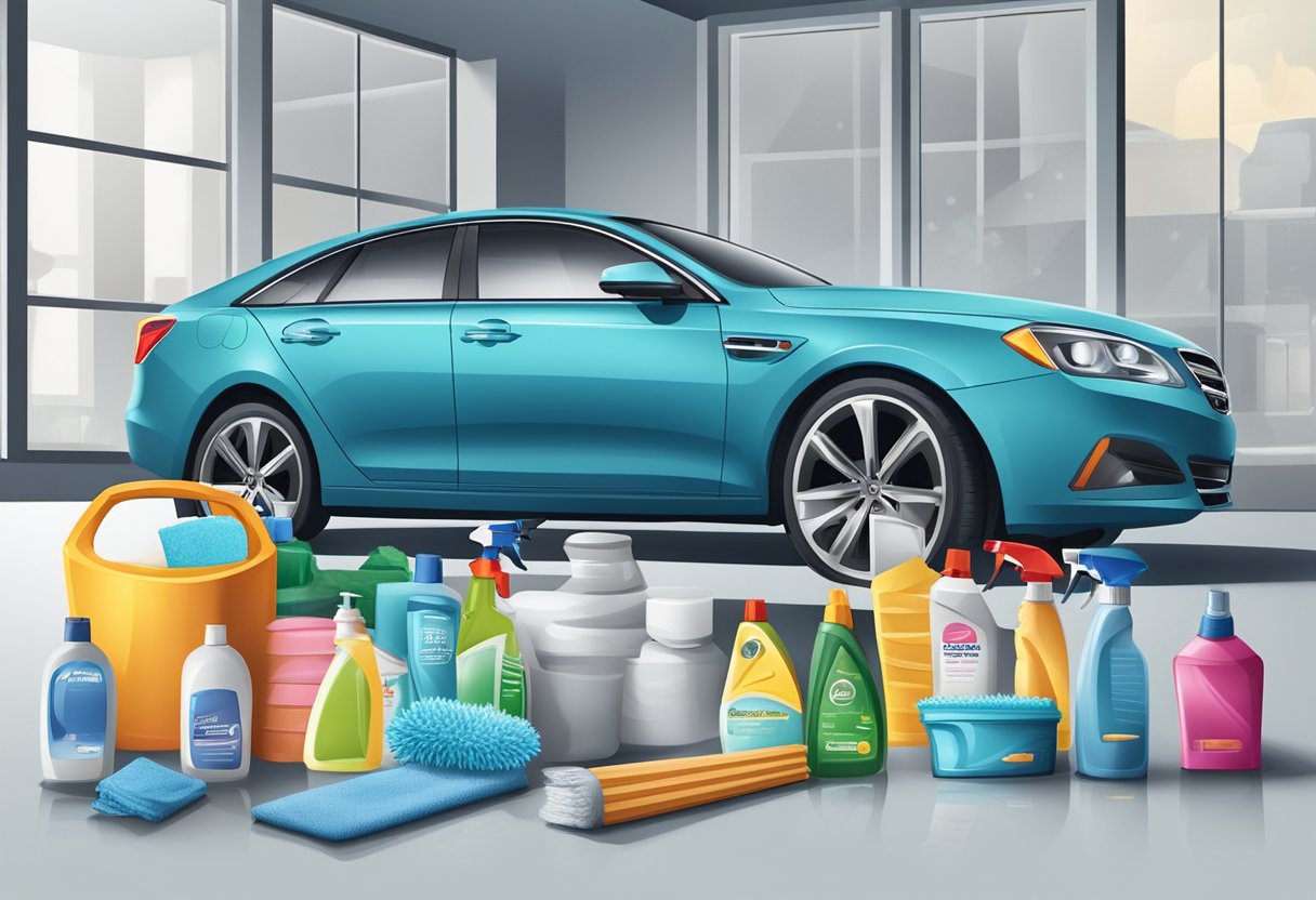 A car parked under a protective car cover, surrounded by a variety of cleaning products and tools such as microfiber cloths, wax, and detailing spray
