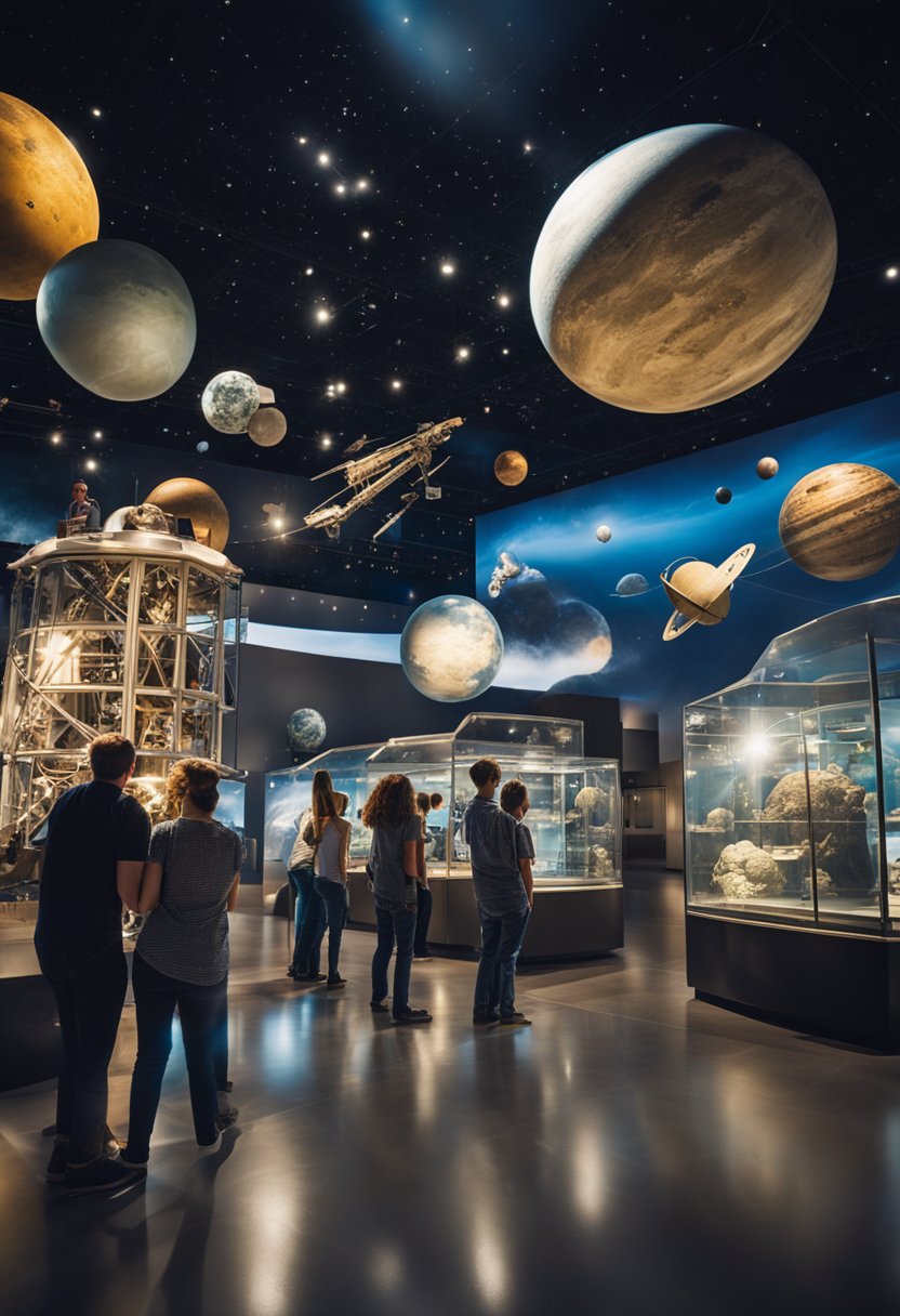 Visitors explore interactive exhibits, marvel at space artifacts, and engage with hands-on activities 