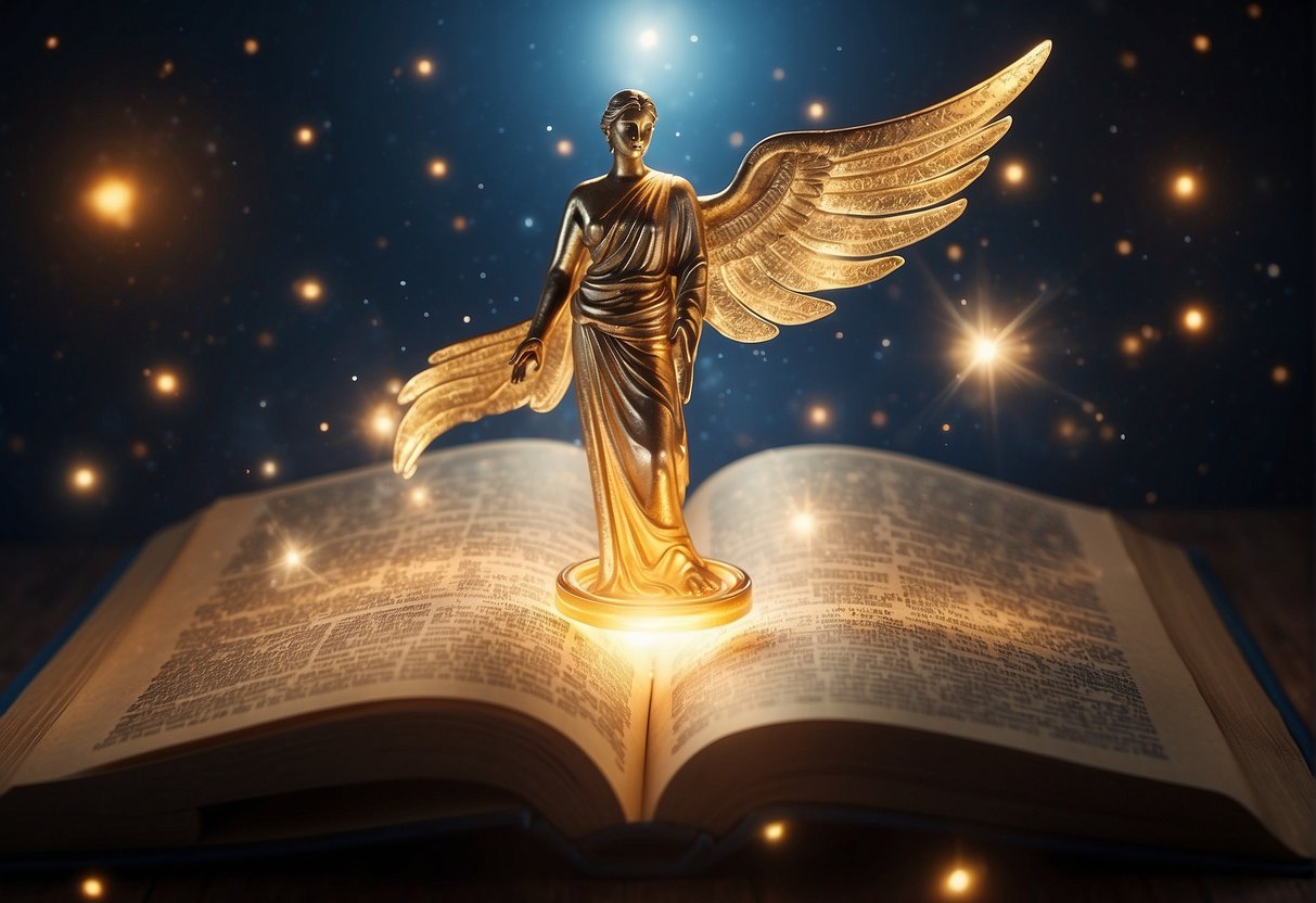 A glowing celestial figure hovers over a book, surrounded by floating numbers and symbols. A beam of light emanates from the figure, illuminating the pages