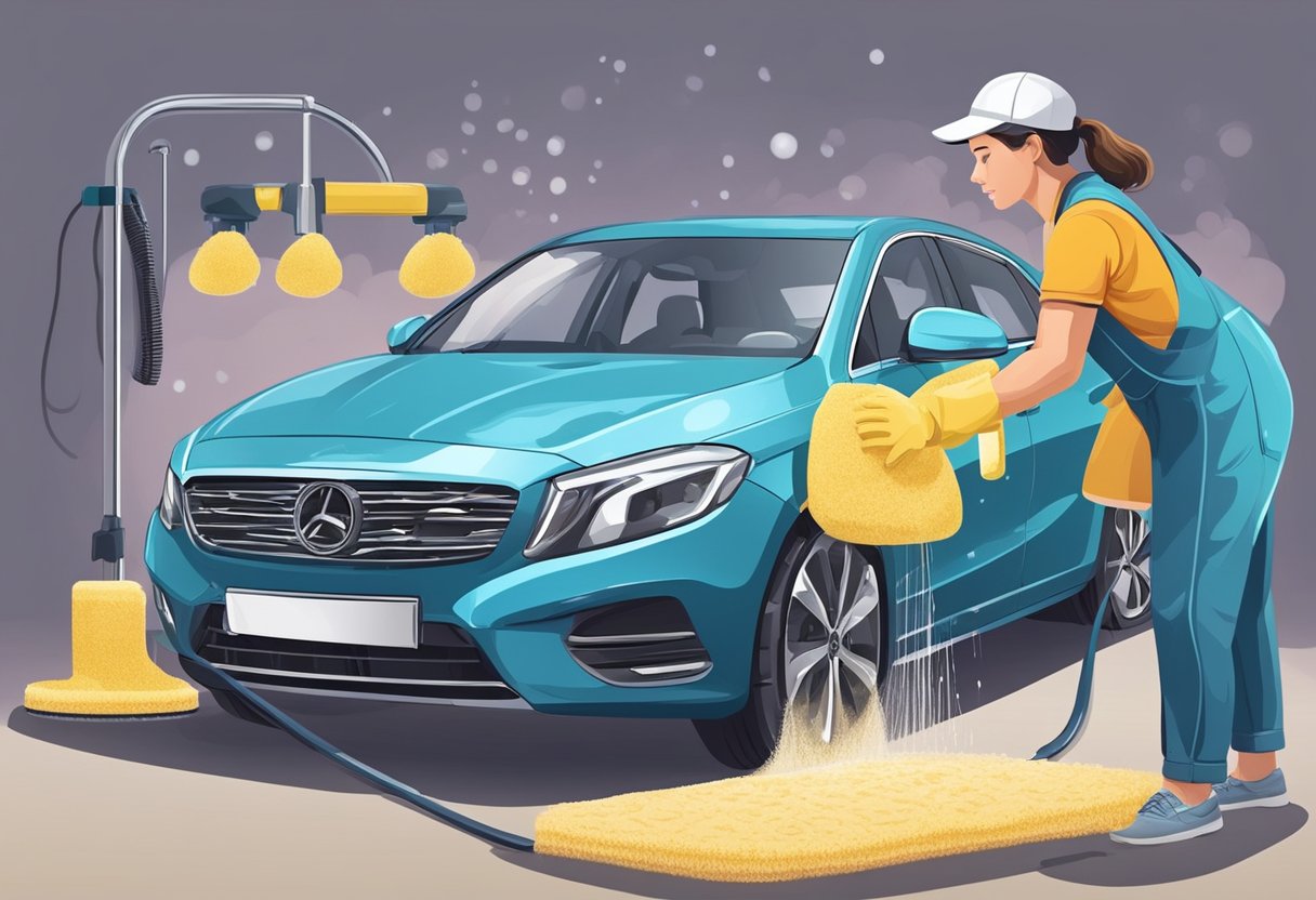 A person carefully washes their car with a clean sponge and gentle, circular motions, using a high-quality car wash soap to minimize swirl marks and scratches