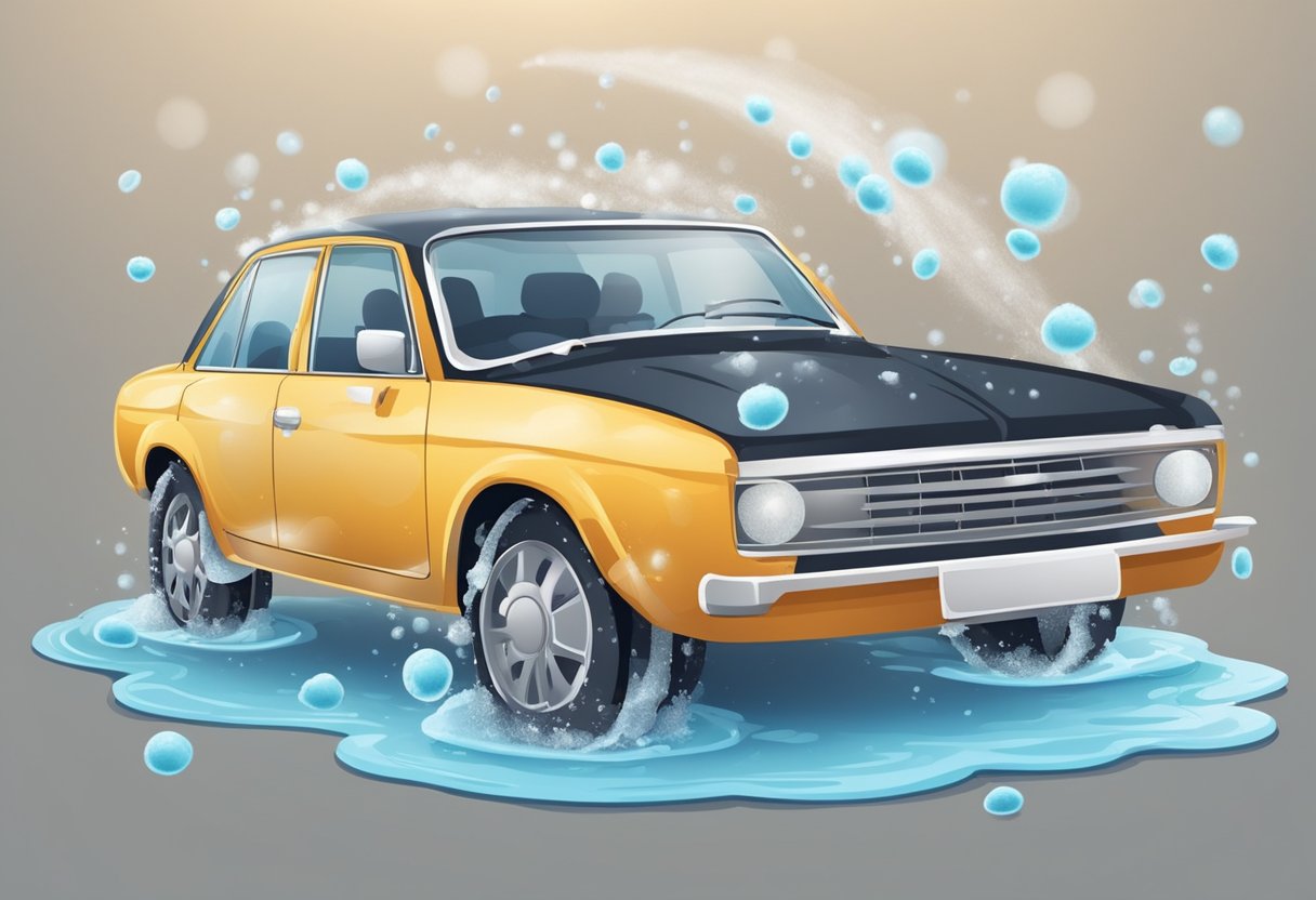 A car being washed with a soft sponge and gentle, circular motions, avoiding harsh scrubbing. A bucket of soapy water and a separate bucket for rinsing