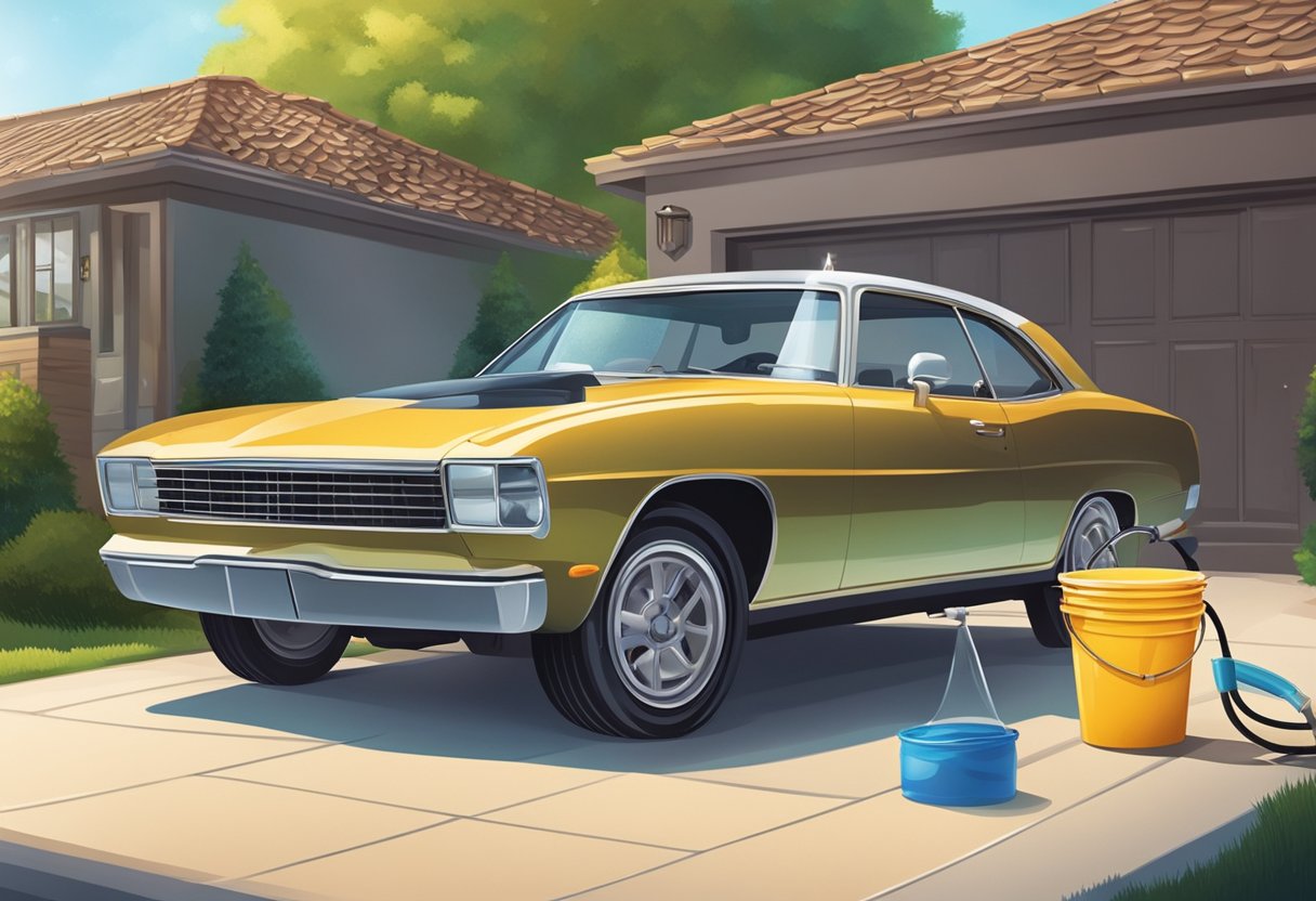 A car parked in a driveway, glistening under the sunlight with a fresh coat of protective wax, surrounded by a bucket, sponge, and hose for proper car wash maintenance