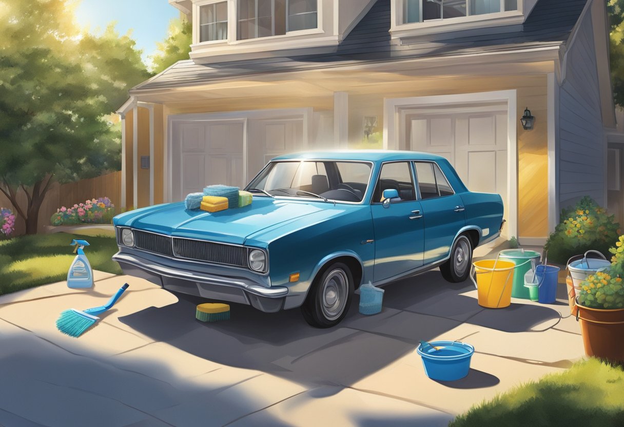 A car parked in a driveway, surrounded by buckets, sponges, and cleaning supplies. A hose is nearby, ready for use. The sun is shining, highlighting the glossy paint job