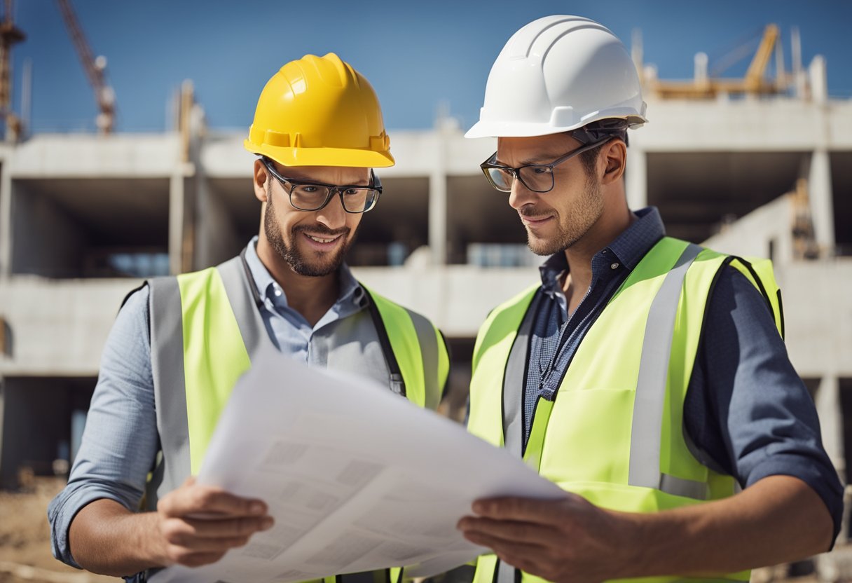 A construction site with building inspectors examining plans and inspecting structures for compliance with building regulations