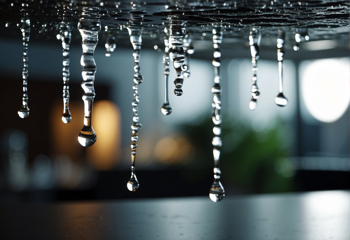 Water drips steadily from a bulging ceiling, causing cracks to form. The weight of the water weakens the structure, leading to a sudden collapse