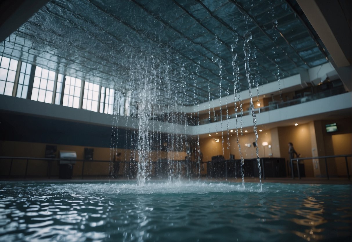 A large amount of water pours down onto a ceiling, causing it to sag and eventually collapse