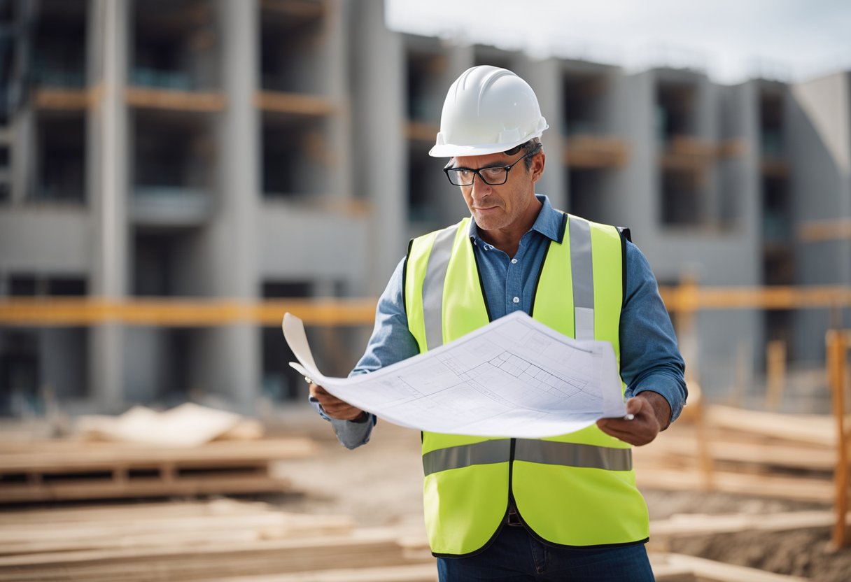 A construction site with a building inspector reviewing plans and inspecting the progress of construction work. Materials and equipment are visible in the background