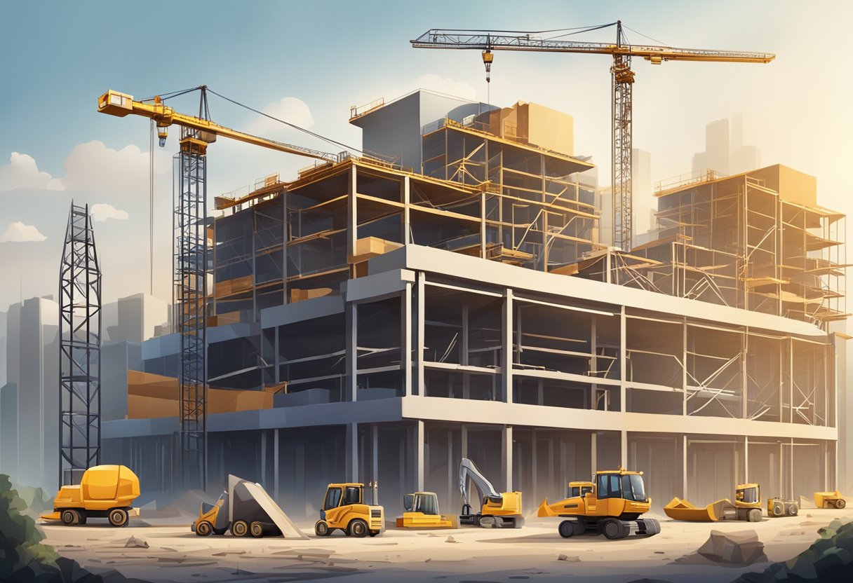 A construction site with completed building structures and equipment, showcasing the concept of consumer rights and guarantee for construction work