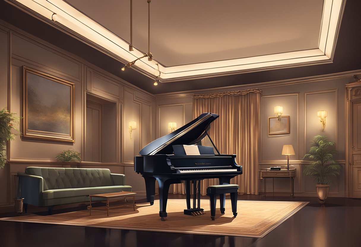A grand piano and an electric organ sit side by side in a dimly lit music room, their keys gleaming under the soft glow of the overhead lights