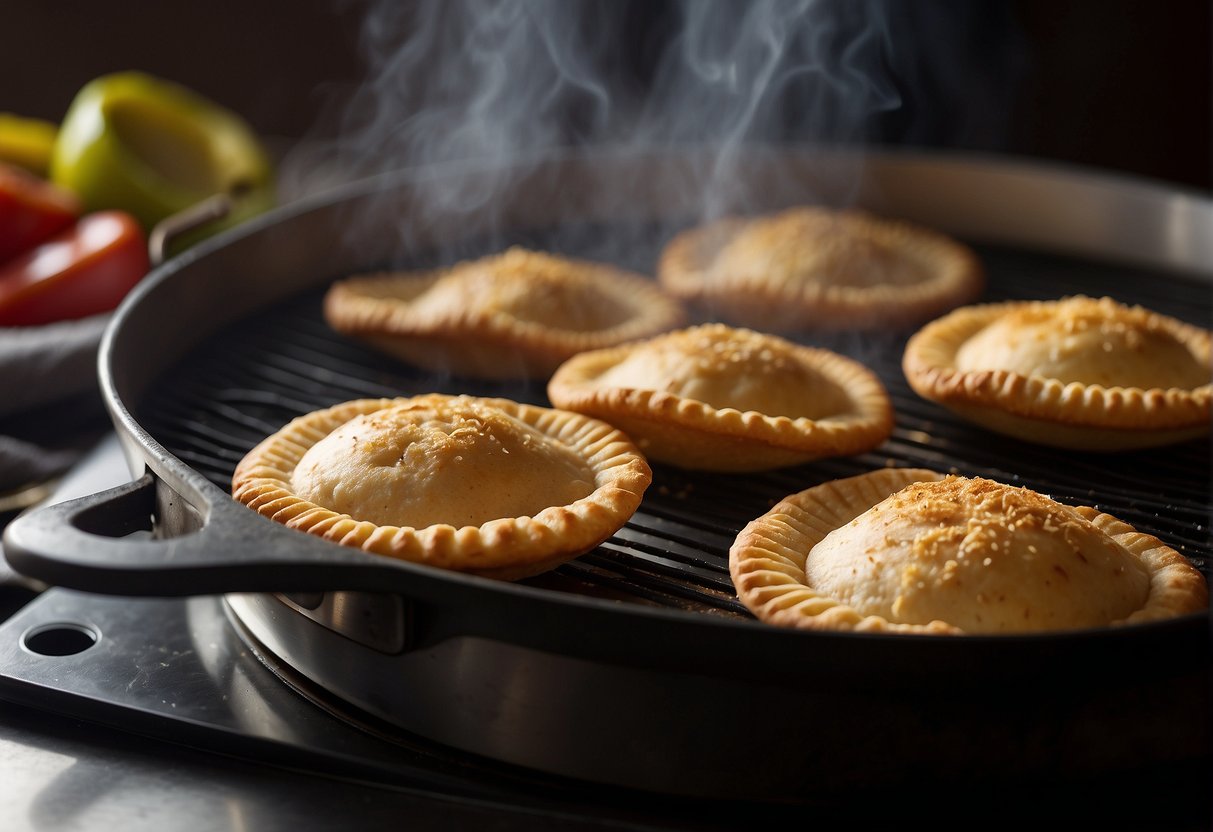 A pan sizzles as frozen empanadas are placed inside. The cook flips them until golden brown. Steam rises as they are removed and placed on a plate