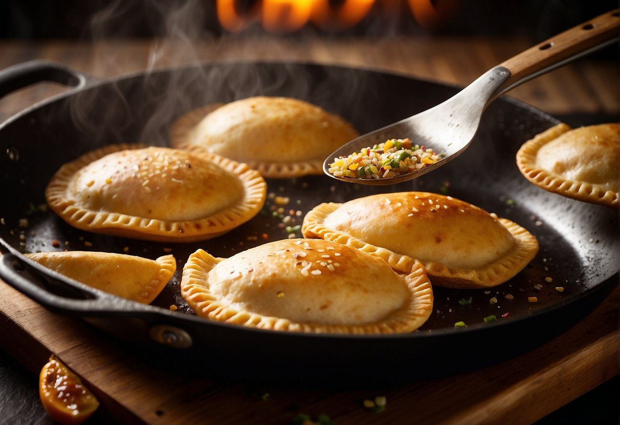 Empanadas sizzle in a hot skillet. Steam rises as they cook to a golden brown. A spatula flips them over, revealing crispy, flaky crusts
