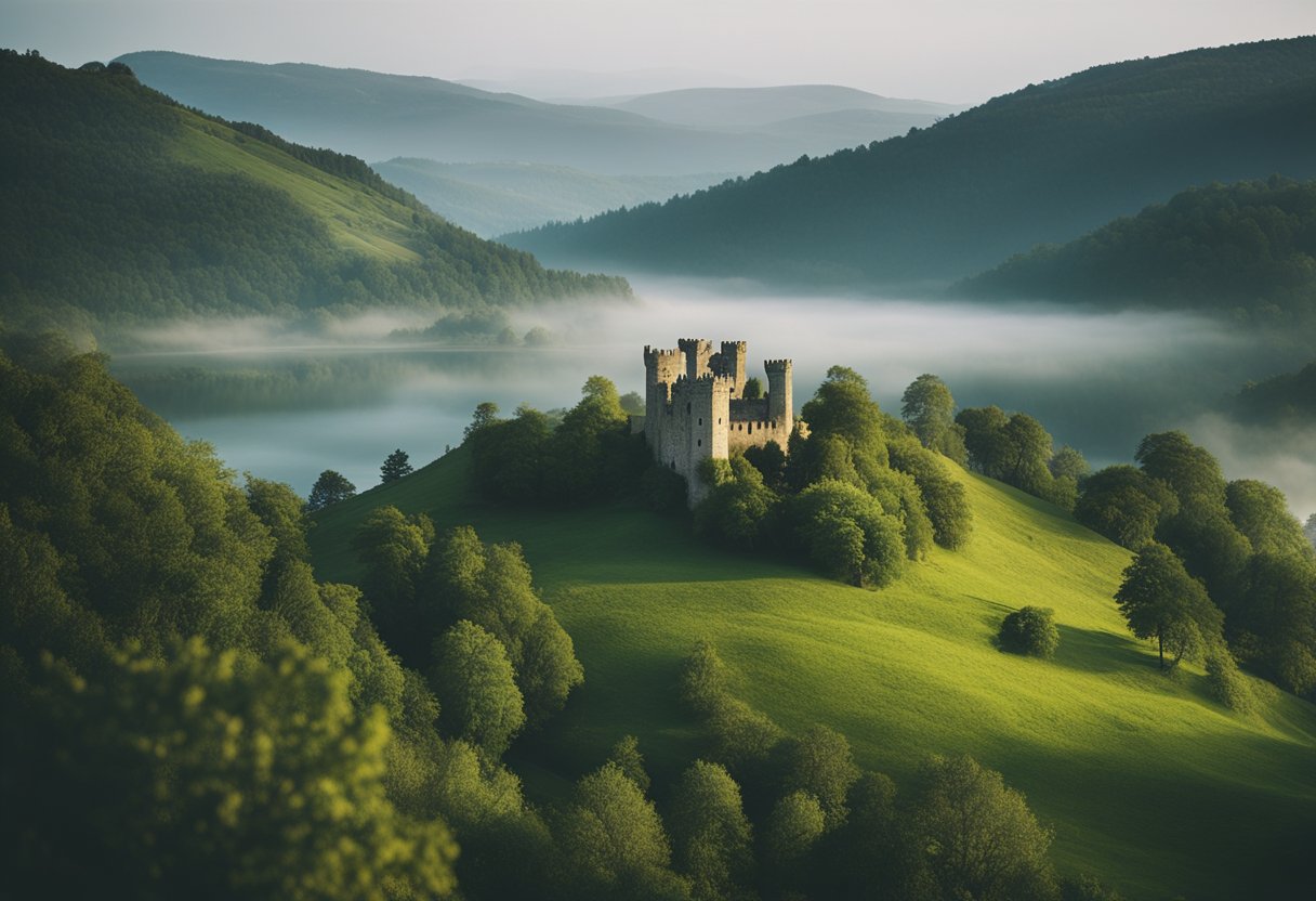 Reimagining Myths: Exploring the Influence of Irish Folklore on Modern Film - A lush green landscape with rolling hills, a mystical forest, and a shimmering lake. A lone castle stands in the distance, surrounded by mist and ancient ruins