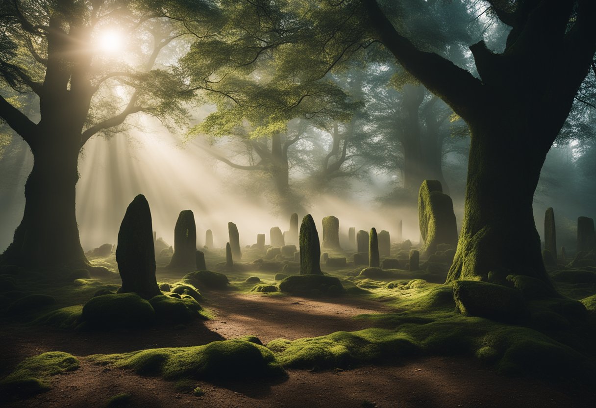 Reimagining Myths: Exploring the Influence of Irish Folklore on Modern Film - A mystical forest glows with ethereal light, ancient Celtic symbols carved into trees. A stone circle stands at the center, shrouded in mist, as if bridging the realms of folklore and religion
