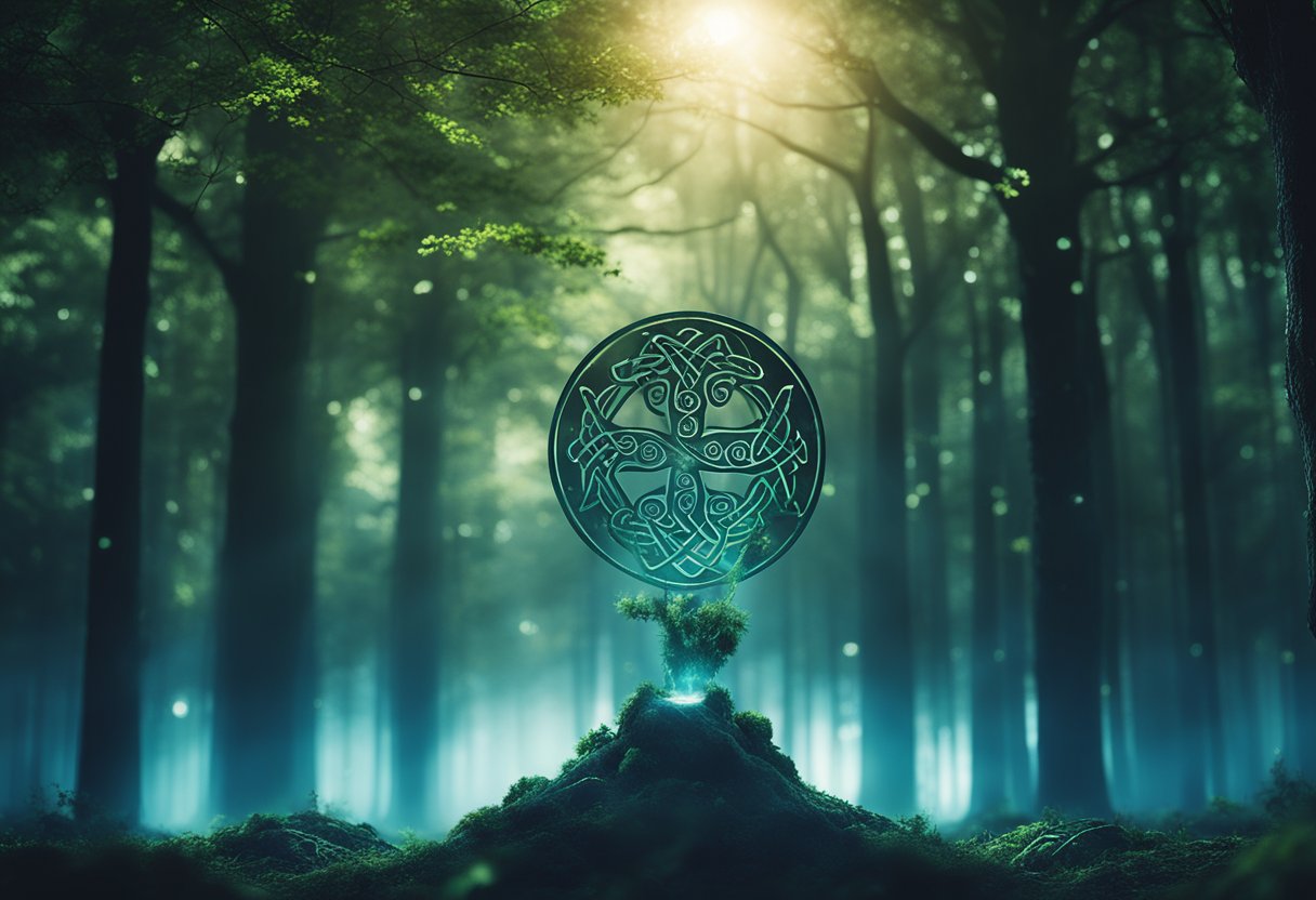 Reimagining Myths: Exploring the Influence of Irish Folklore on Modern Film - A mystical forest with ancient Celtic symbols glowing in the moonlight, as a modern-day character encounters mythical creatures from Irish folklore