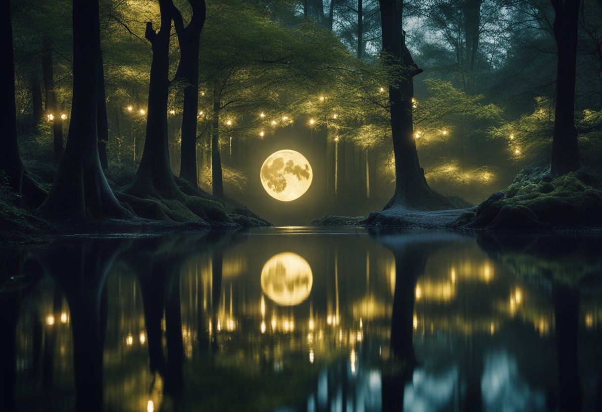 Reimagining Myths: Exploring the Influence of Irish Folklore on Modern Film - A mystical forest with ancient trees and glowing faerie lights. A shimmering lake reflects the moon, while mythical creatures lurk in the shadows