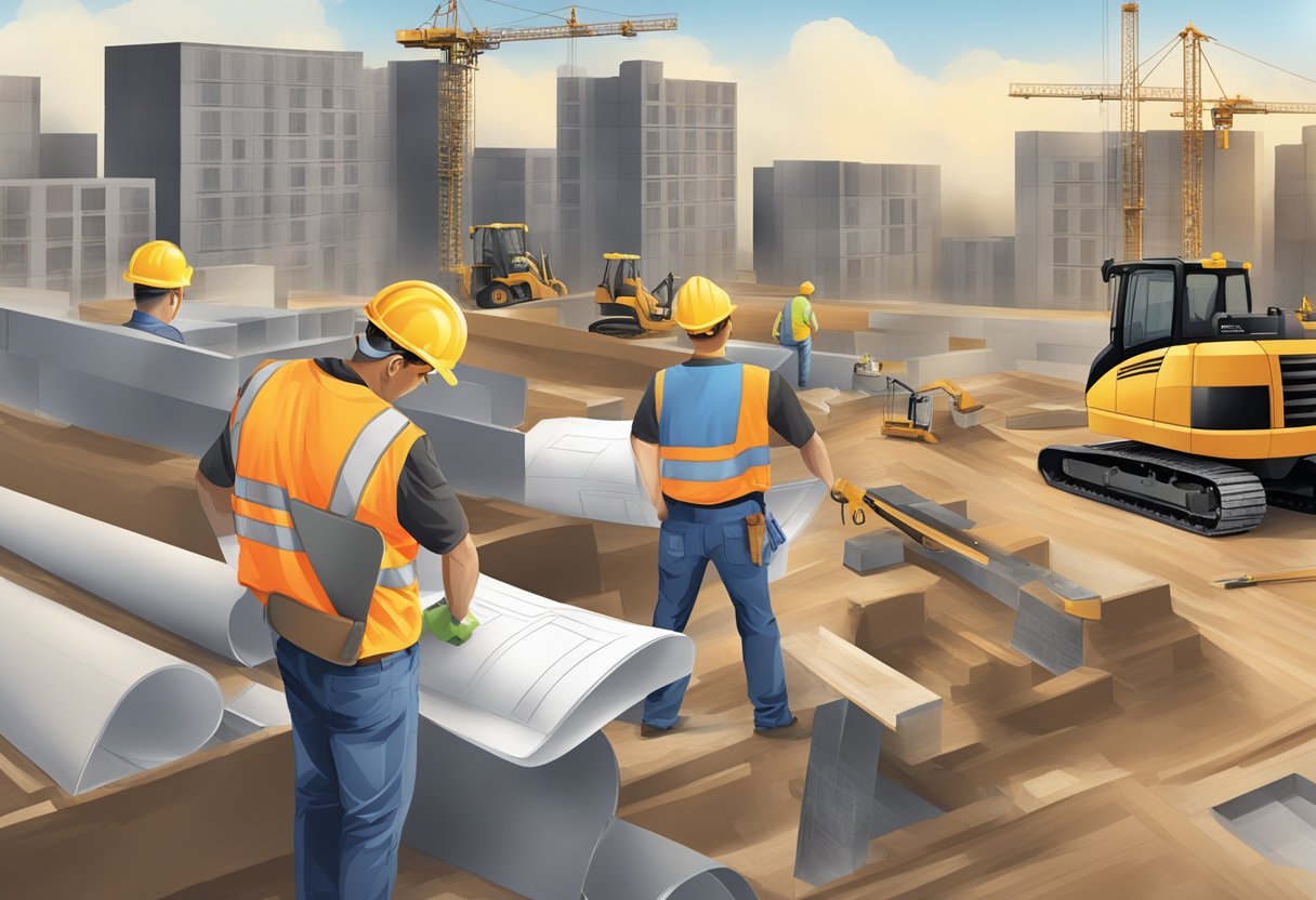 A construction site with blueprints, tools, and workers in hard hats