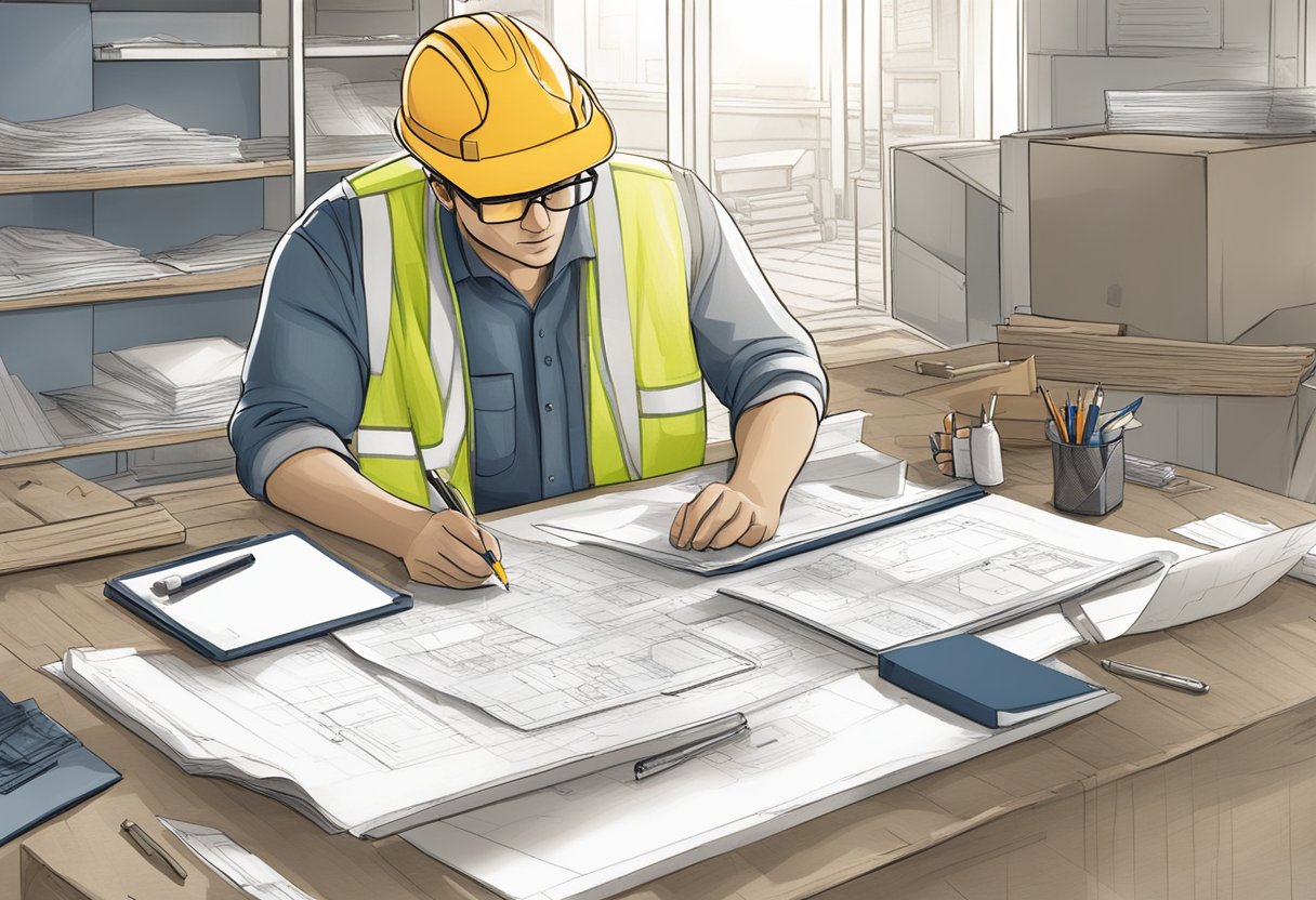 A construction site with blueprints, tools, and materials laid out. A person is seen writing and organizing documents in a portable office