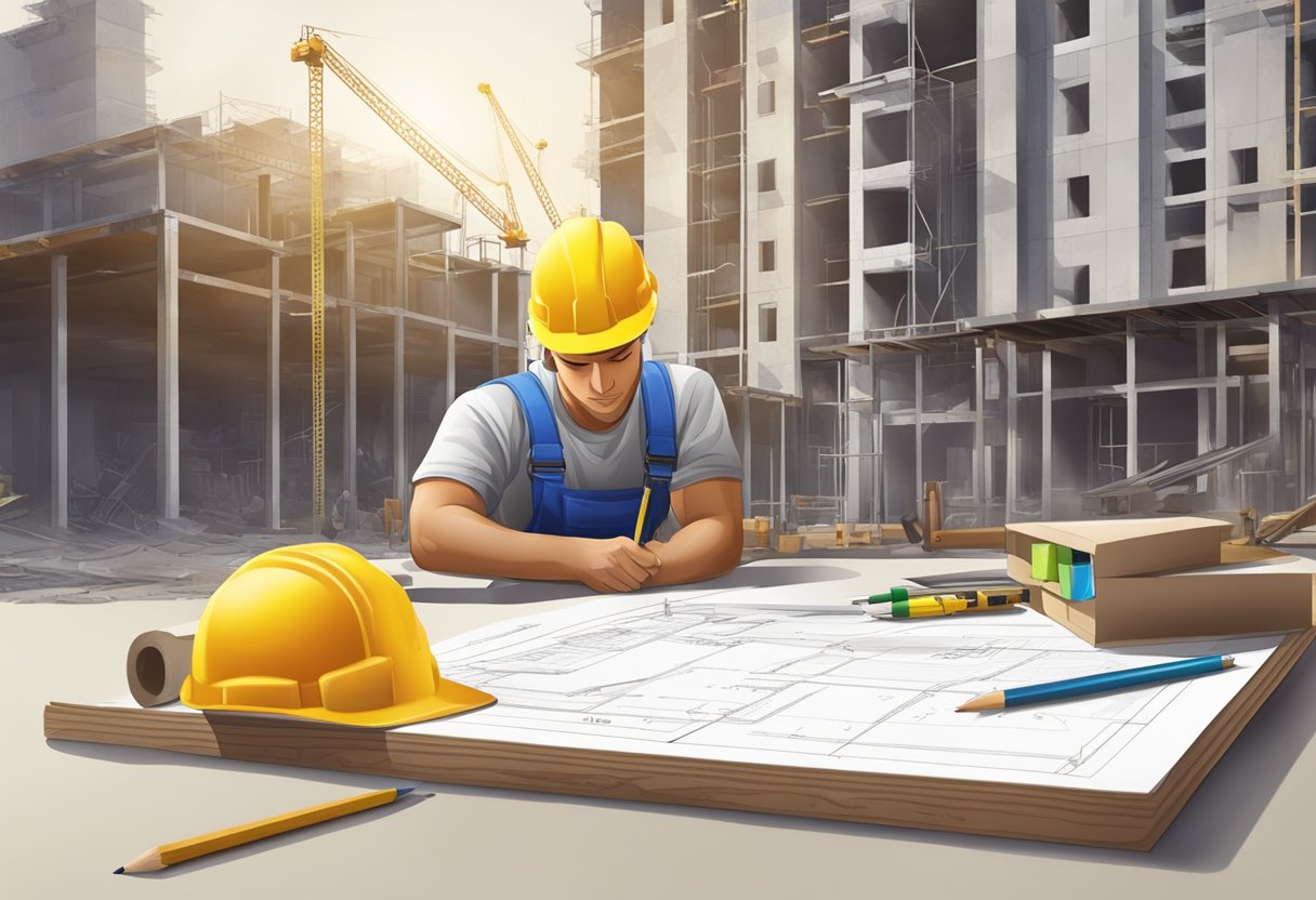 A construction diary - a table with plans, a pencil, and a ruler. A construction site in the background, with workers and equipment