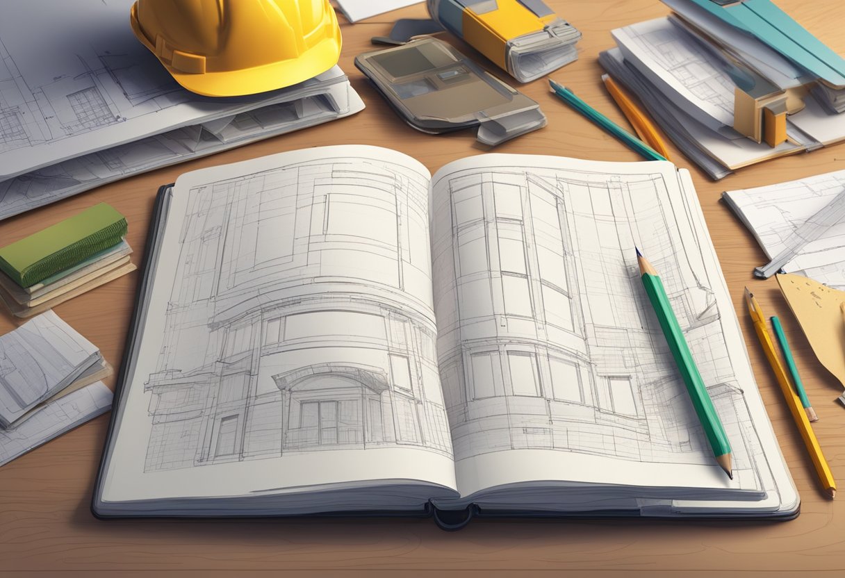 A construction journal lies open on a cluttered desk, filled with notes and sketches. A pencil and ruler rest on top, ready for use