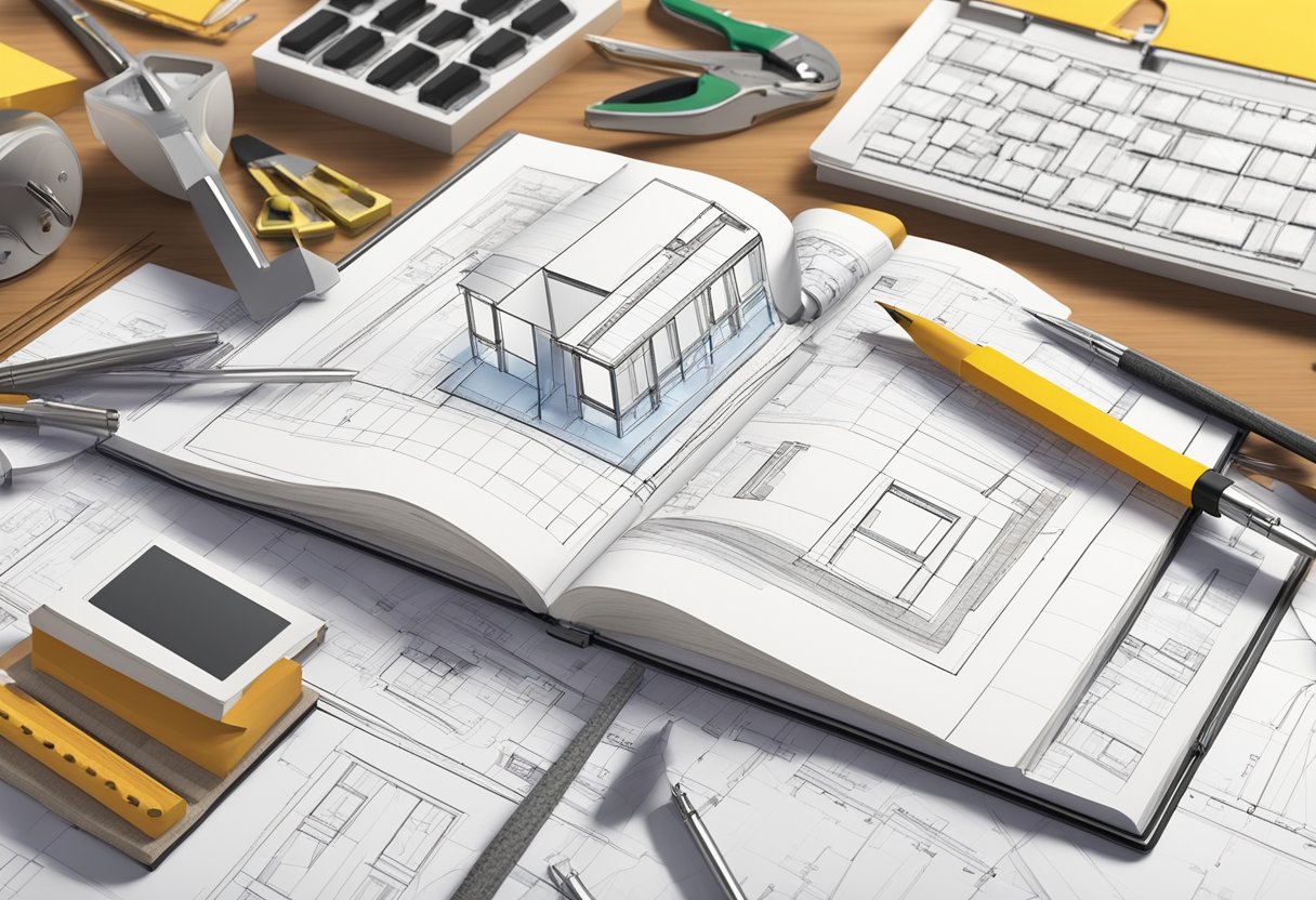 A construction journal with notes and sketches, surrounded by building materials and tools