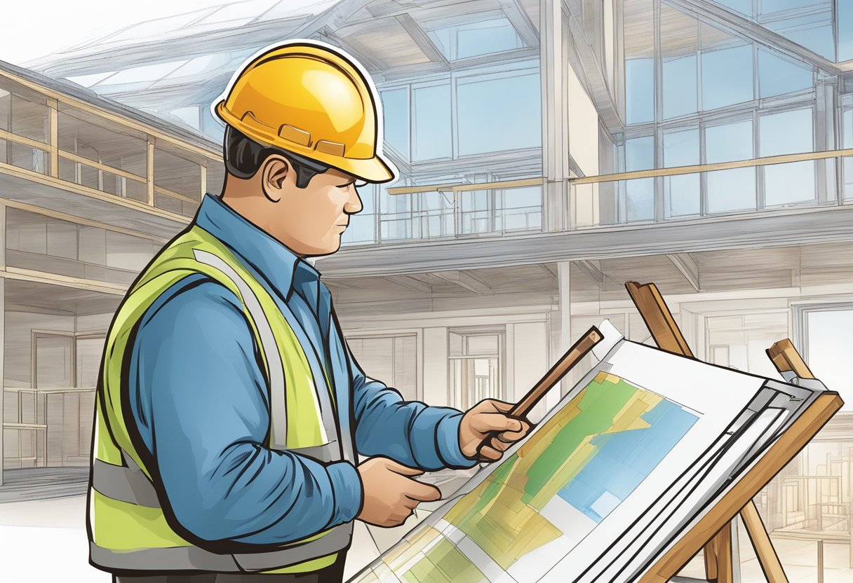 An inspector reviewing construction plans with a magnifying glass