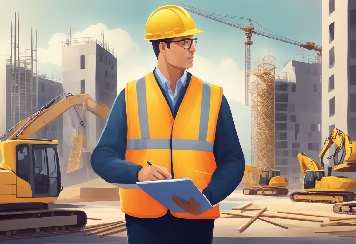 An inspector of investor supervision - a figure with a clipboard overseeing a construction site, checking plans and ensuring compliance