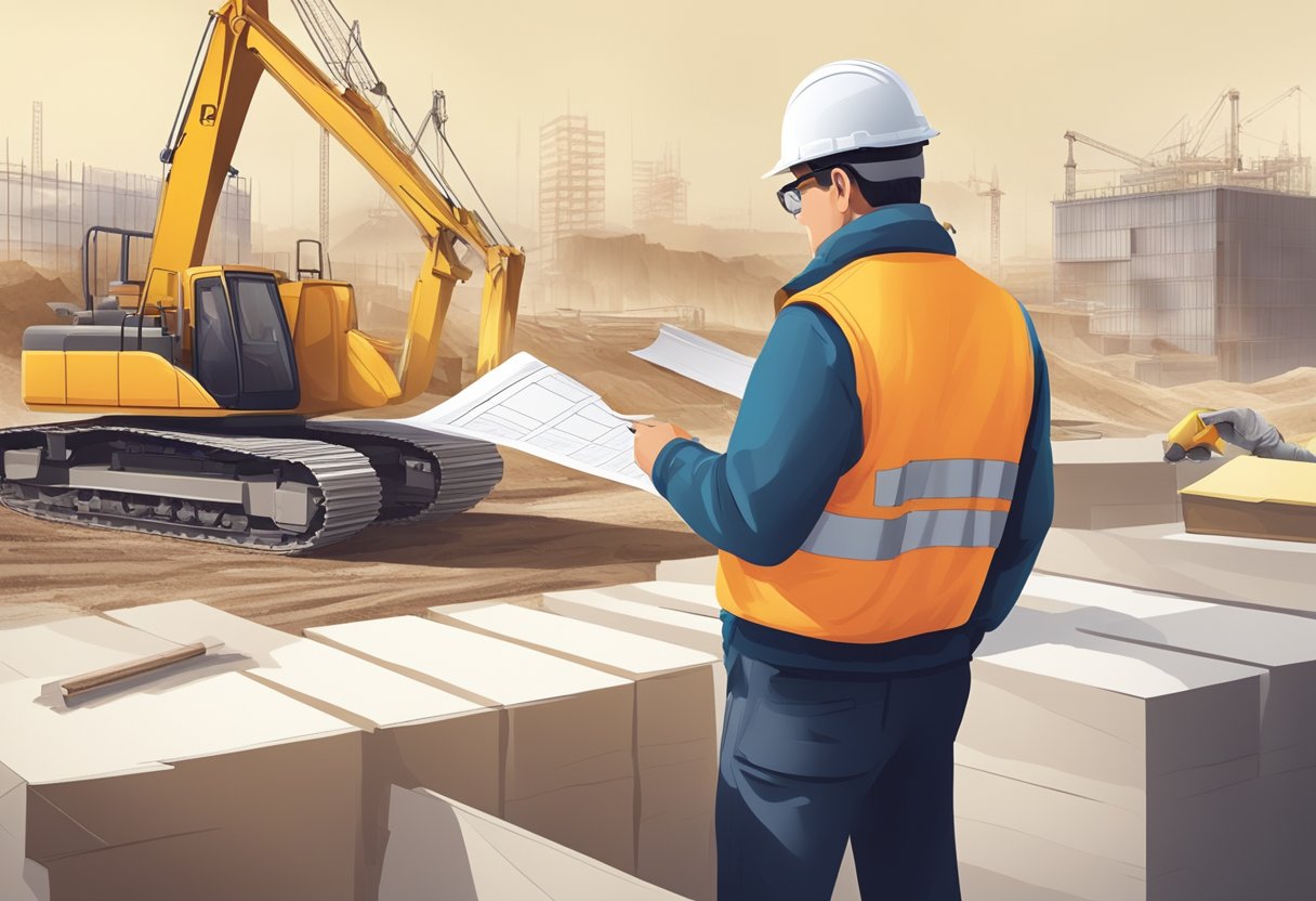An inspector overseeing a construction site, checking plans and materials for compliance