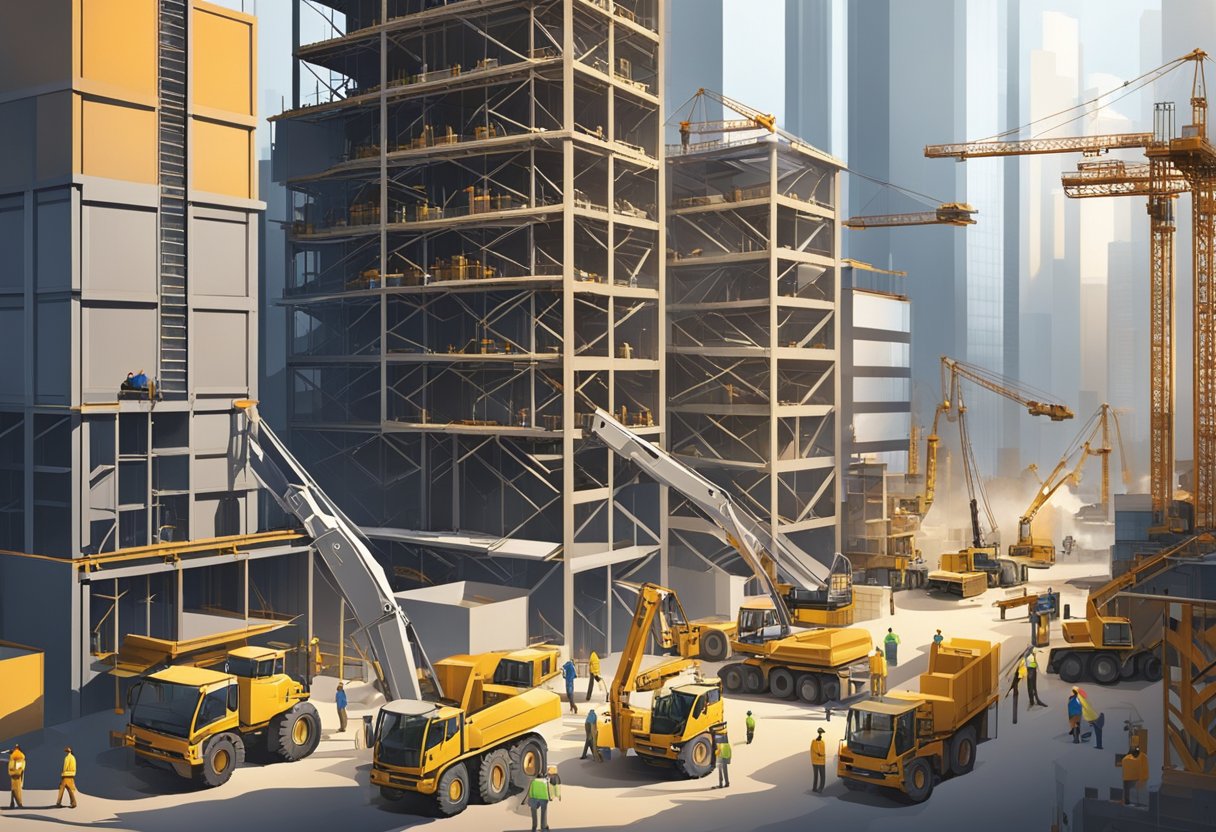 A bustling construction site with cranes, scaffolding, and workers. Tall buildings and heavy machinery fill the scene