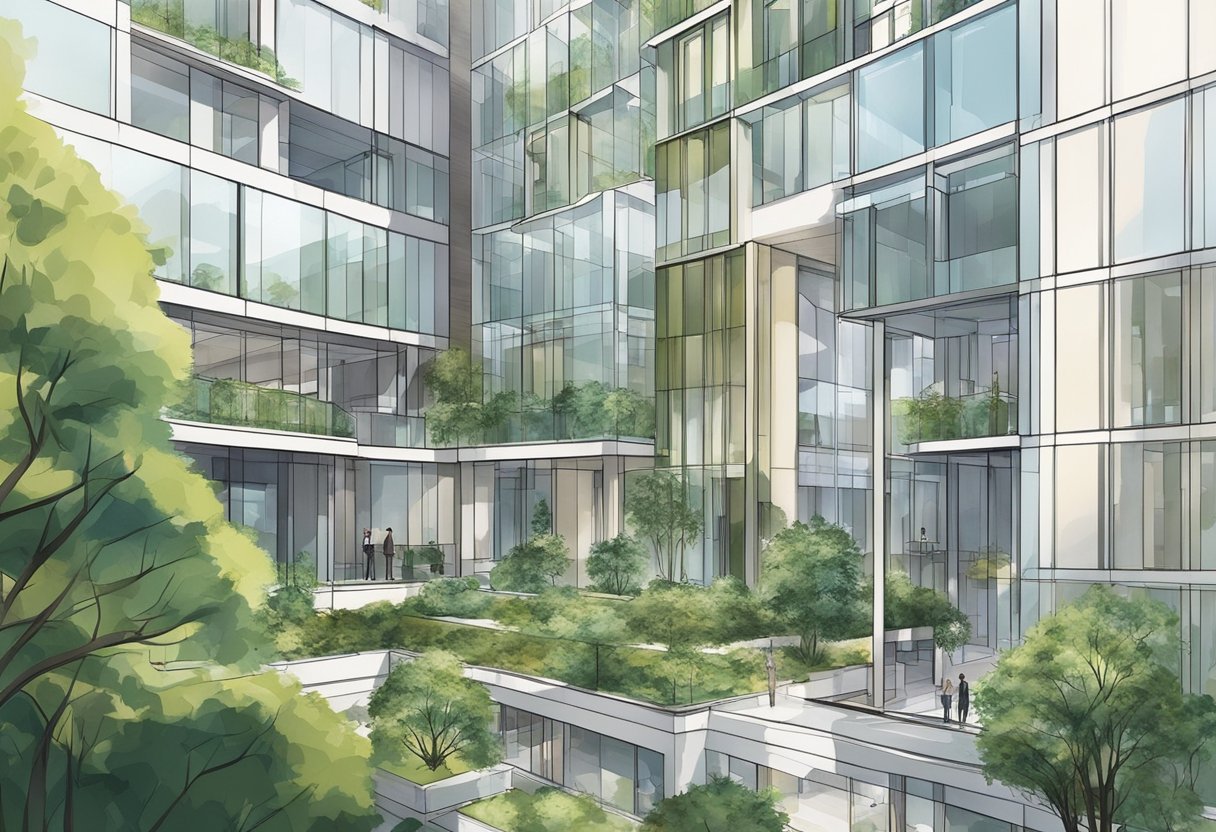 The scene depicts various high-rise buildings with modern architectural designs, featuring sleek lines and geometric shapes. The buildings are surrounded by greenery and have large windows, creating a sense of openness and connection to the outdoors