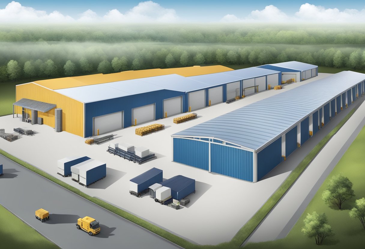 A variety of warehouse buildings, including cold storage, are shown with clear construction principles