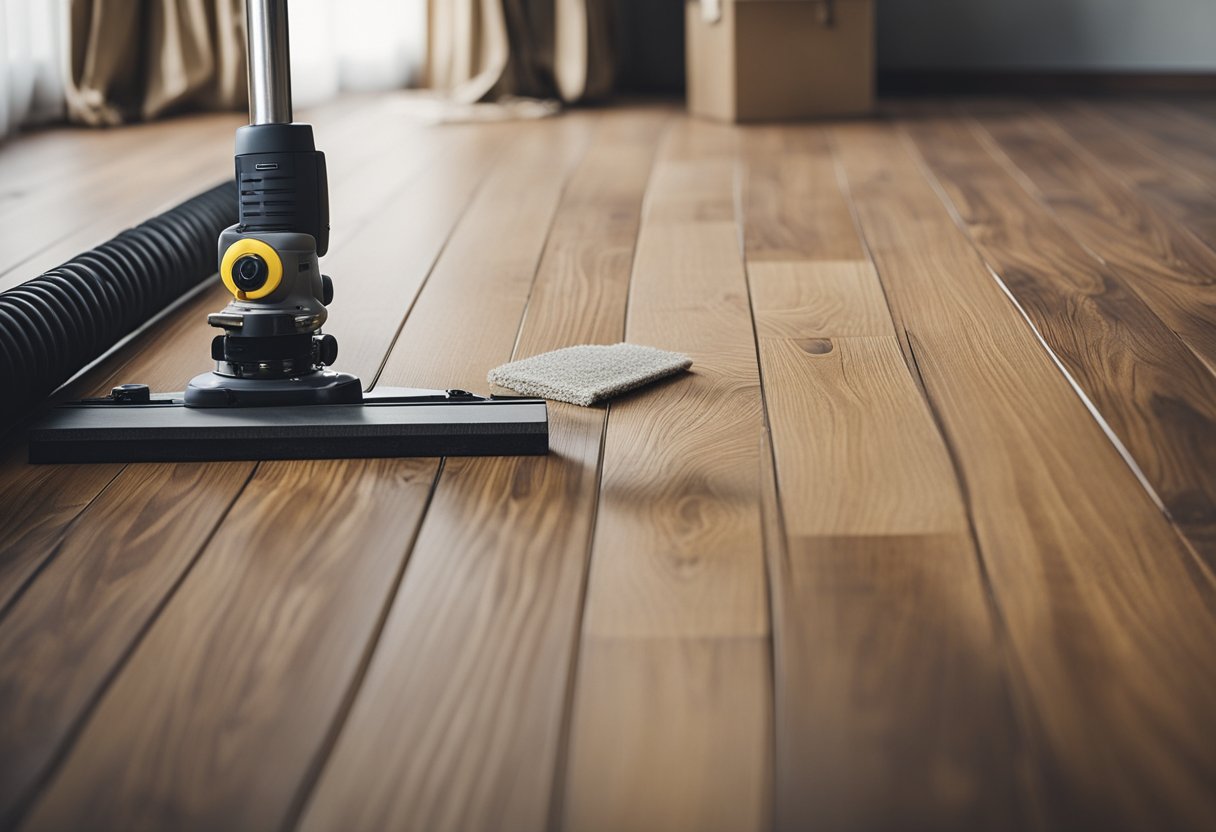Laminate flooring with lifting edges, tools nearby, decision to replace or repair