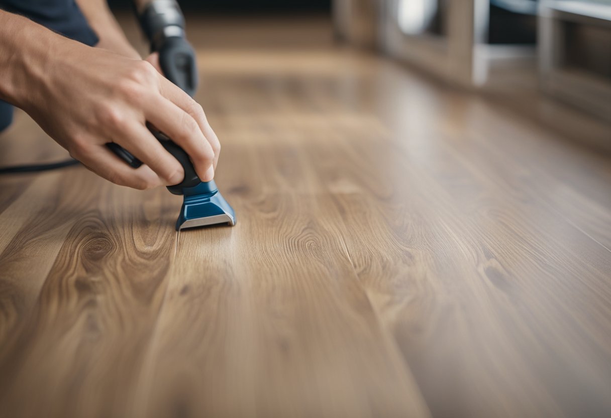 Laminate flooring edges lift. Apply adhesive under edges. Press down firmly. Wipe away excess glue. Allow to dry. Trim any excess material