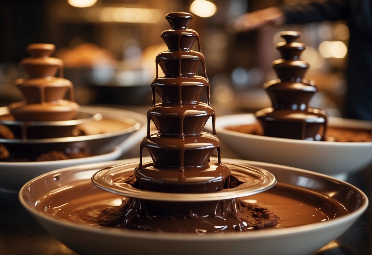 A large chocolate fountain surrounded by overflowing bowls of melted chocolate