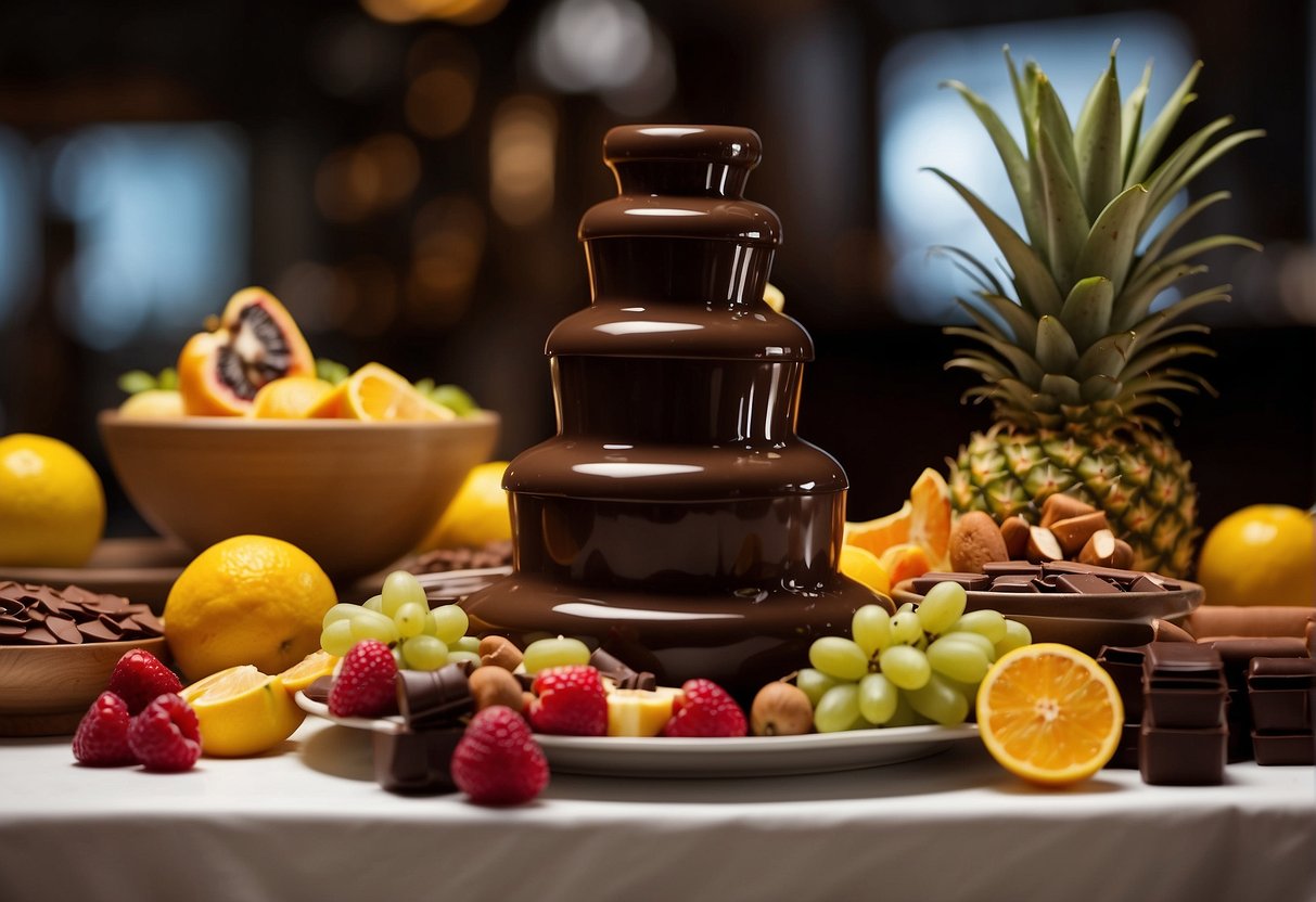 A table with a chocolate fountain surrounded by various types of chocolate, fruits, and other dipping items