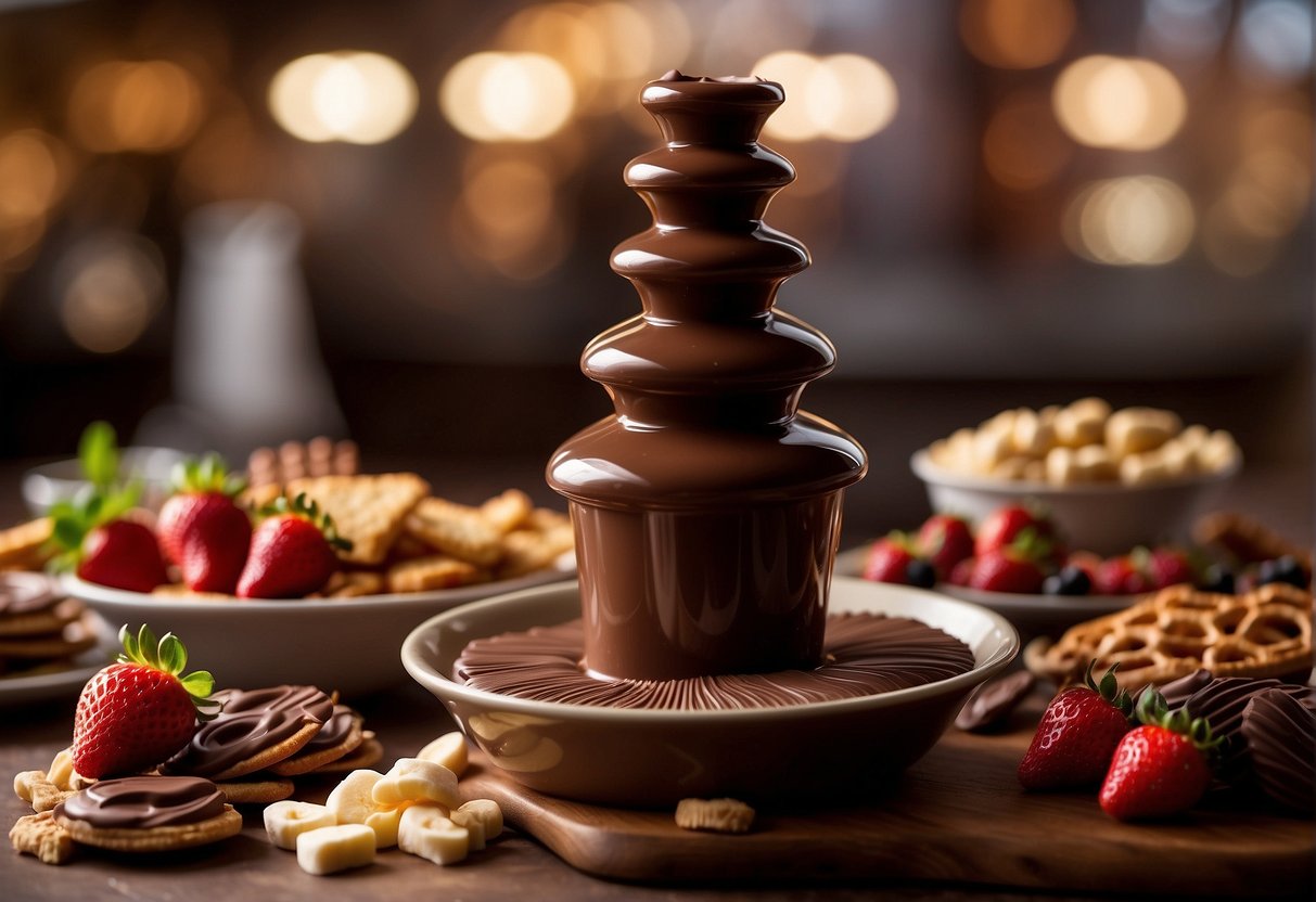 Chocolate fountain overflowing with rich, velvety chocolate. Surrounding it, a variety of dippable treats like strawberries, marshmallows, and pretzels. A display of decadent indulgence