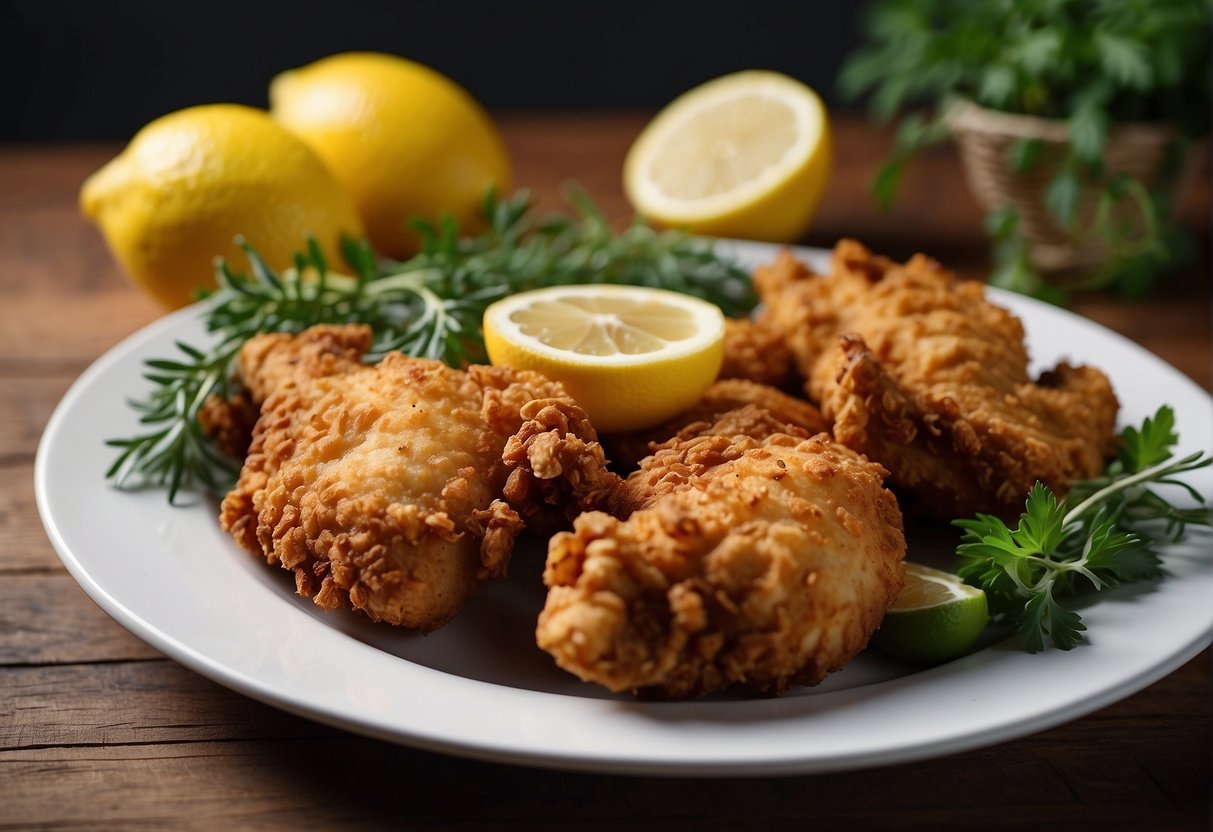 A plate of crispy fried chicken, seasoned without flour, sits on a wooden table surrounded by fresh herbs and lemon wedges
