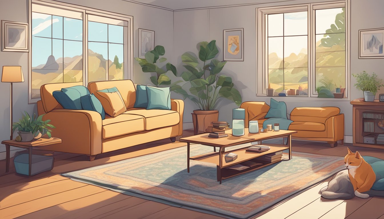 A cozy living room with furniture, carpets, and household products emitting VOCs. Windows closed, poor ventilation. A family pet lounging on the floor