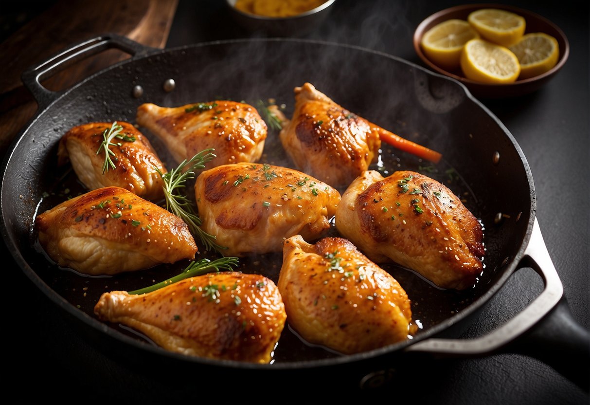 Chicken sizzling in a hot skillet, golden and crispy without flour coating. Oil bubbles around the meat, creating a tempting aroma