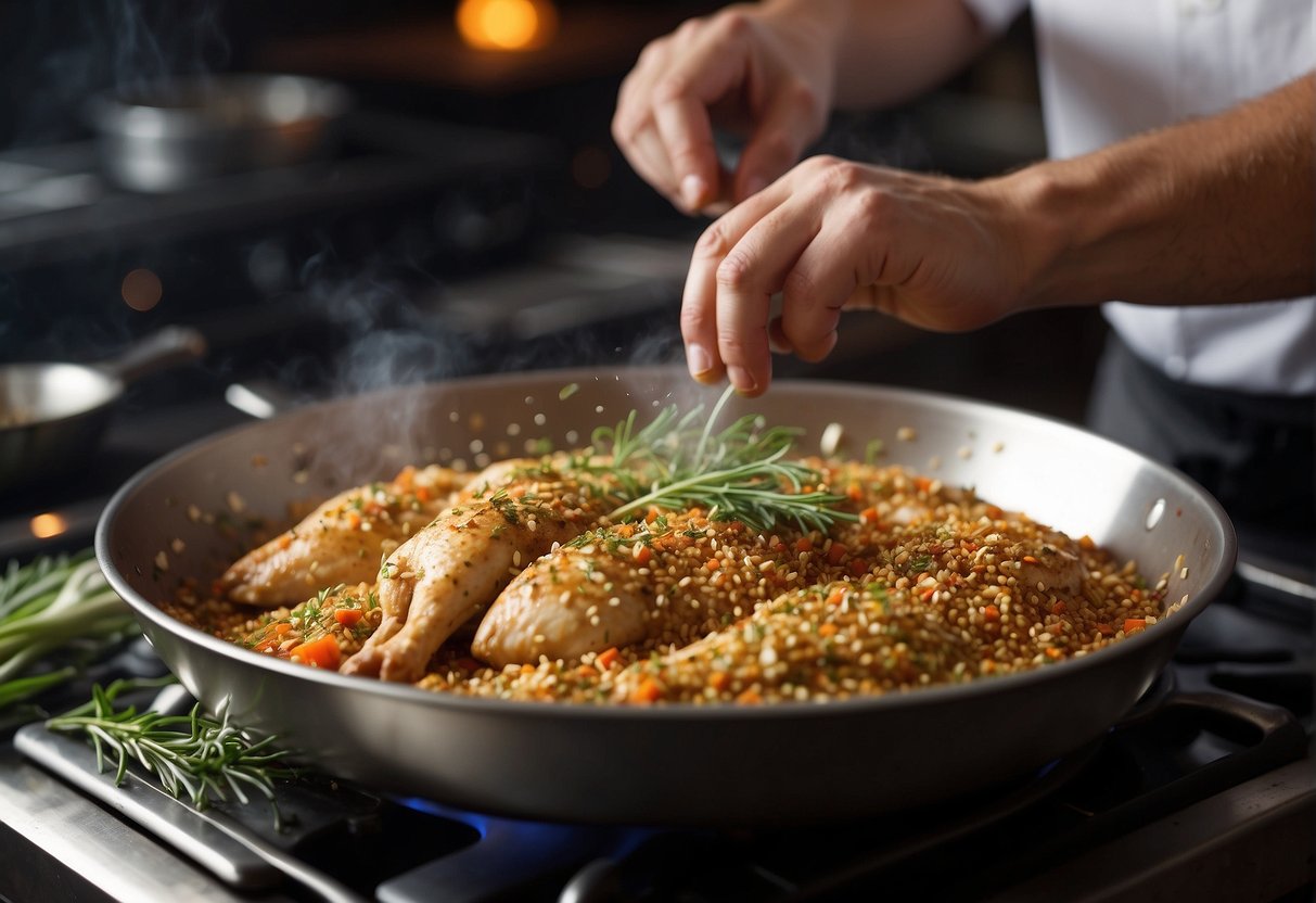 A chef sprinkles spices onto a sizzling pan of chicken. The aroma of herbs and seasonings fills the air